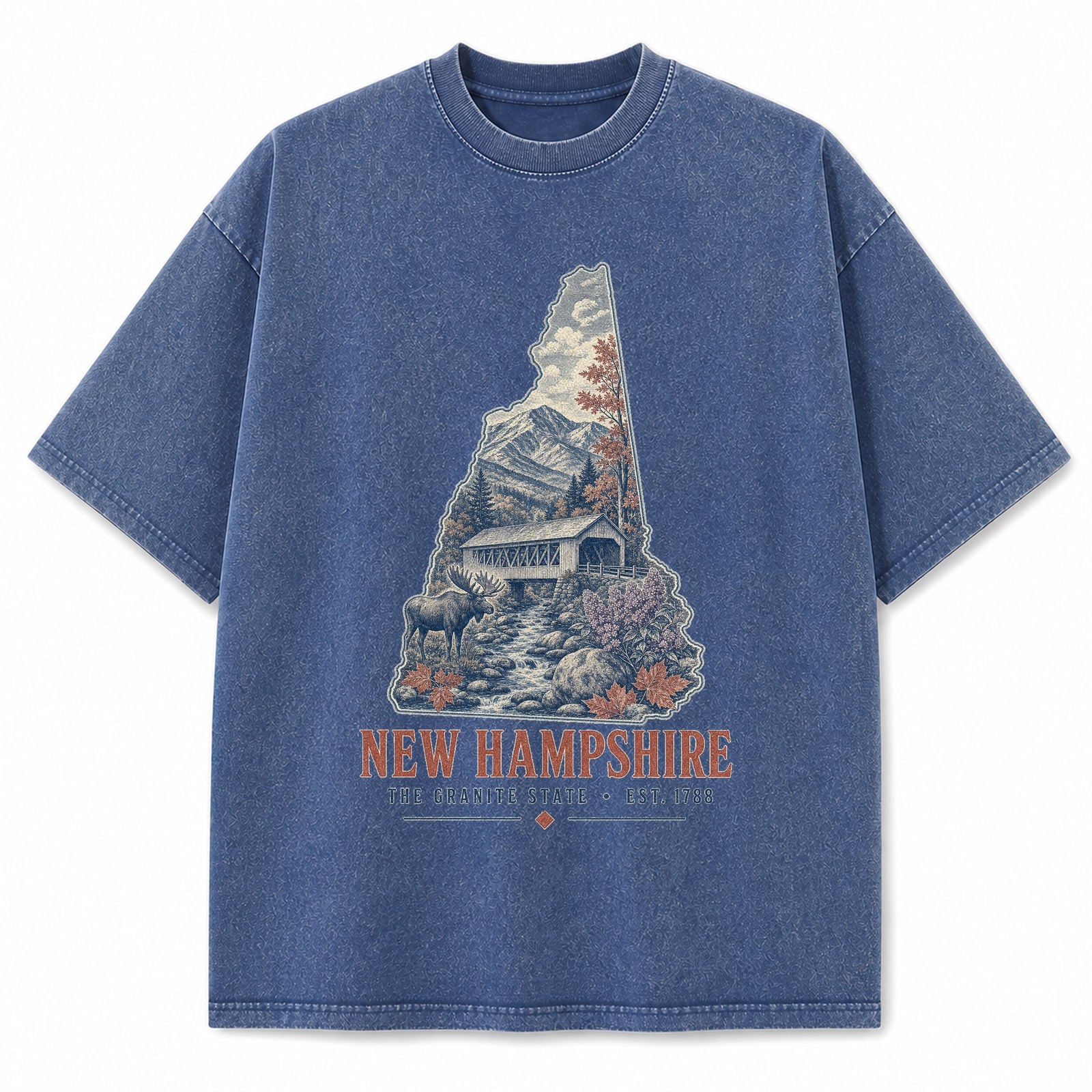 Vintage Washed New Hampshire Covered Bridge Graphic Tee in Blue, front view on a white background