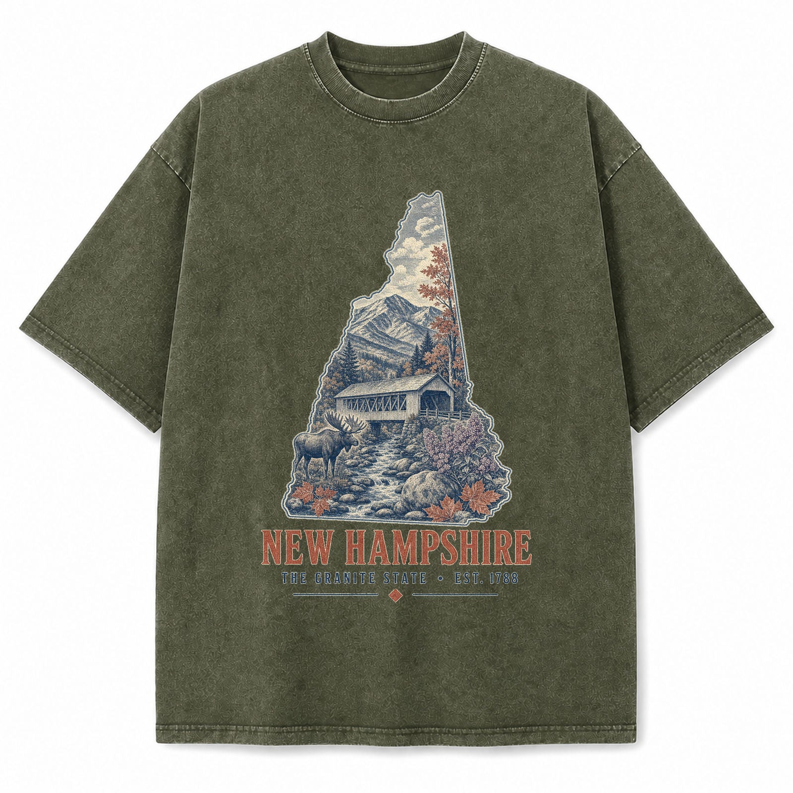 Vintage Washed New Hampshire Covered Bridge Graphic Tee in Military Green, front view on a white background
