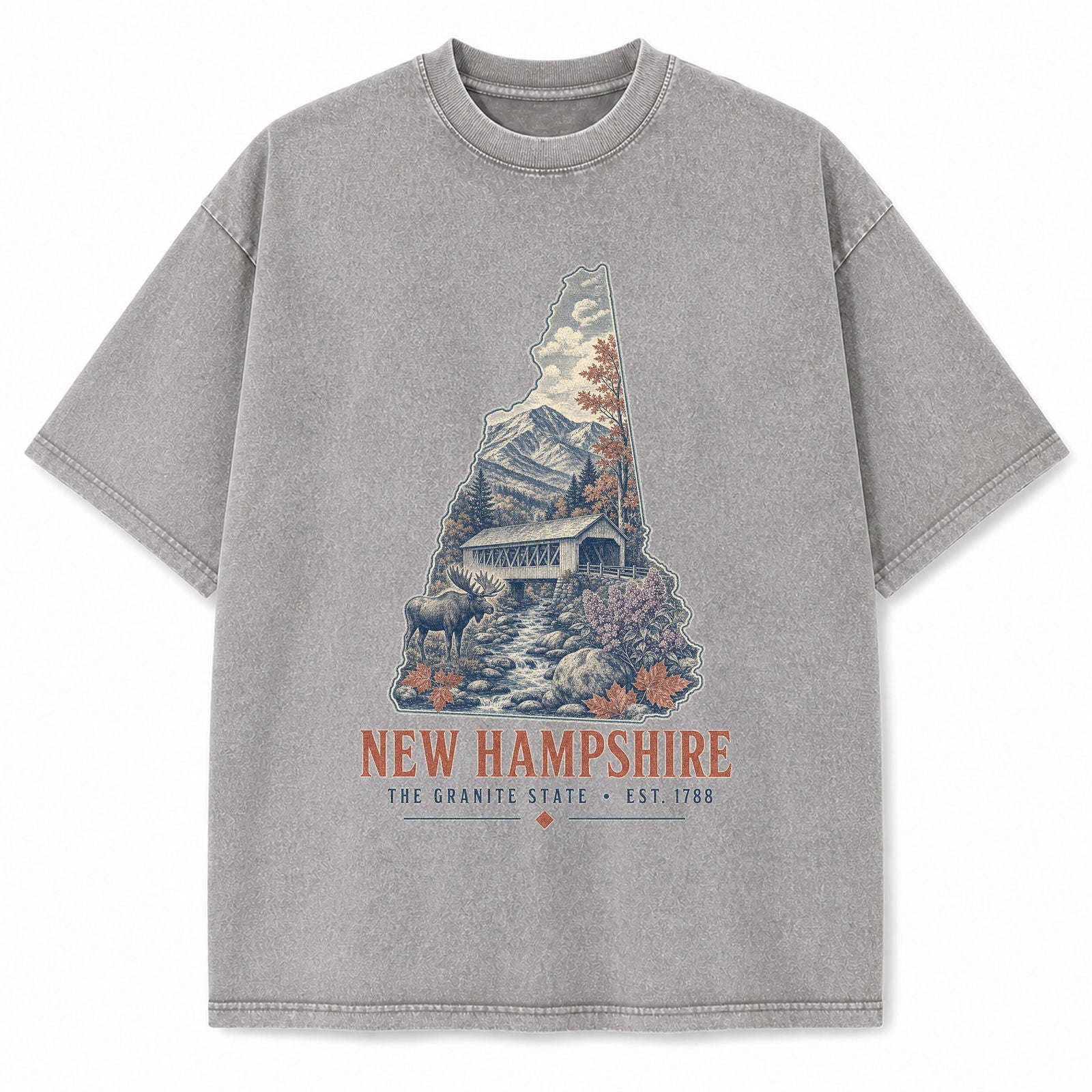 Vintage Washed New Hampshire Covered Bridge Graphic Tee in Light Gray, front view on a white background