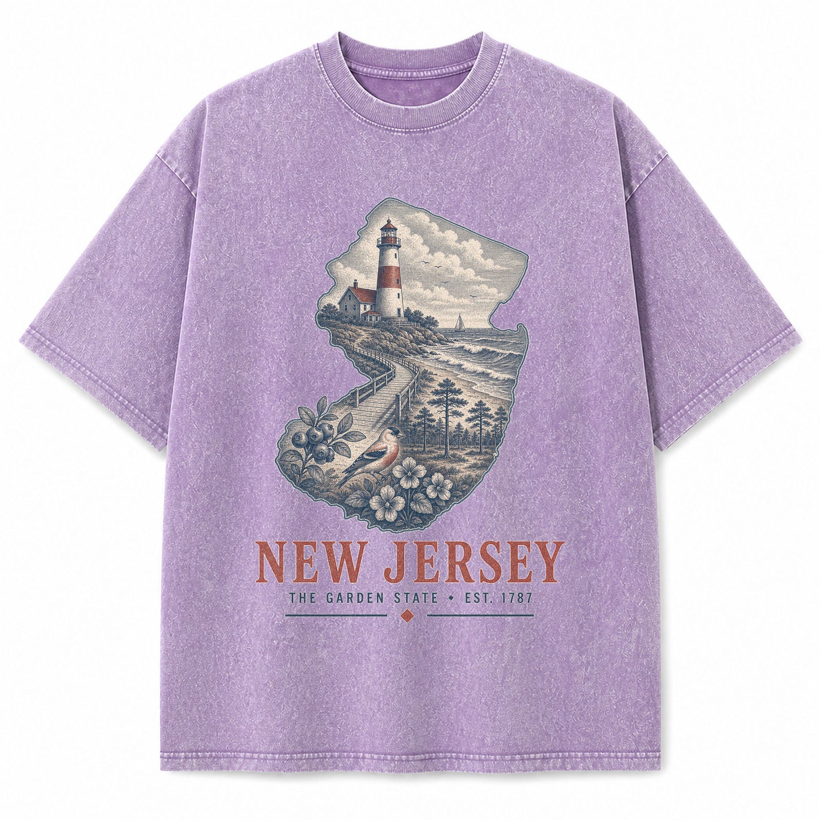 Vintage Washed New Jersey Lighthouse Graphic Tee in Purple, front view on a white background