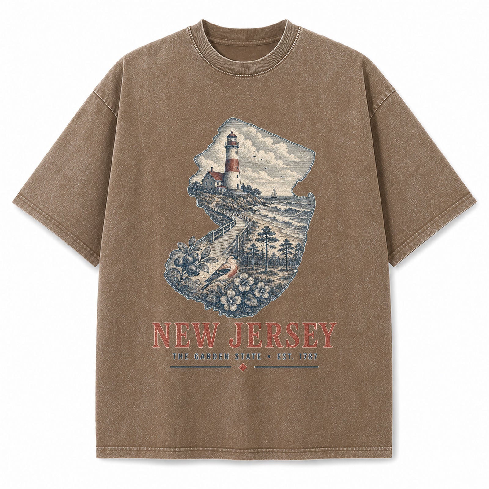 Vintage Washed New Jersey Lighthouse Graphic Tee in Brown, front view on a white background
