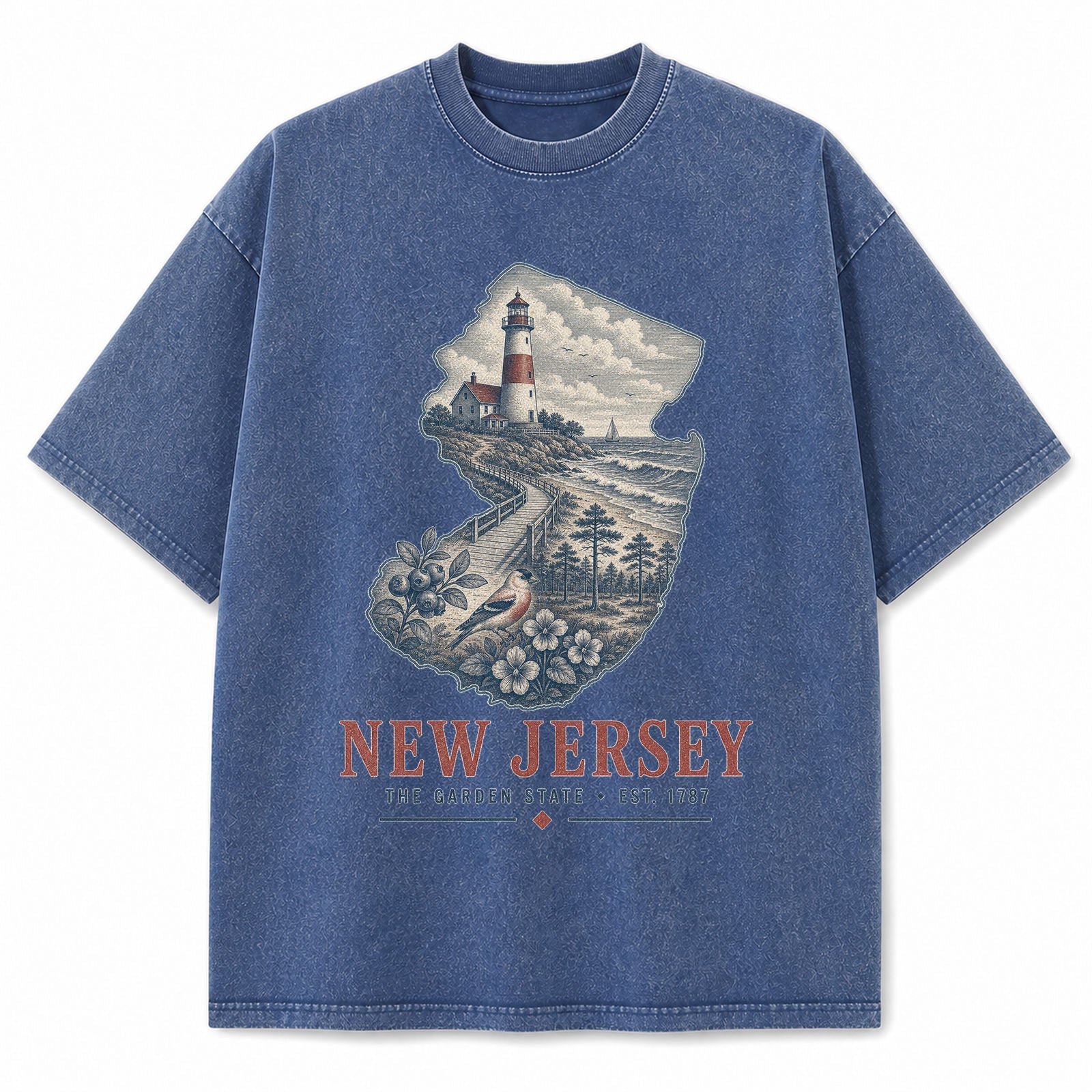 Vintage Washed New Jersey Lighthouse Graphic Tee in Blue, front view on a white background