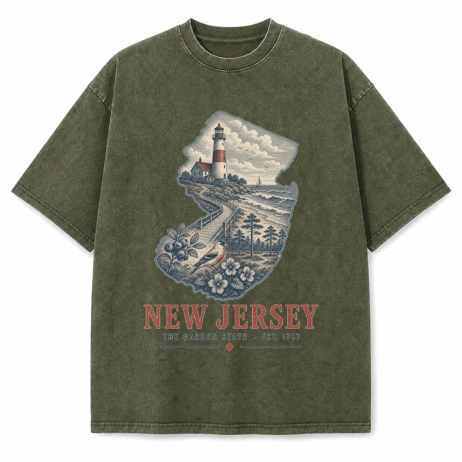 Vintage Washed New Jersey Lighthouse Graphic Tee in Military Green, front view on a white background