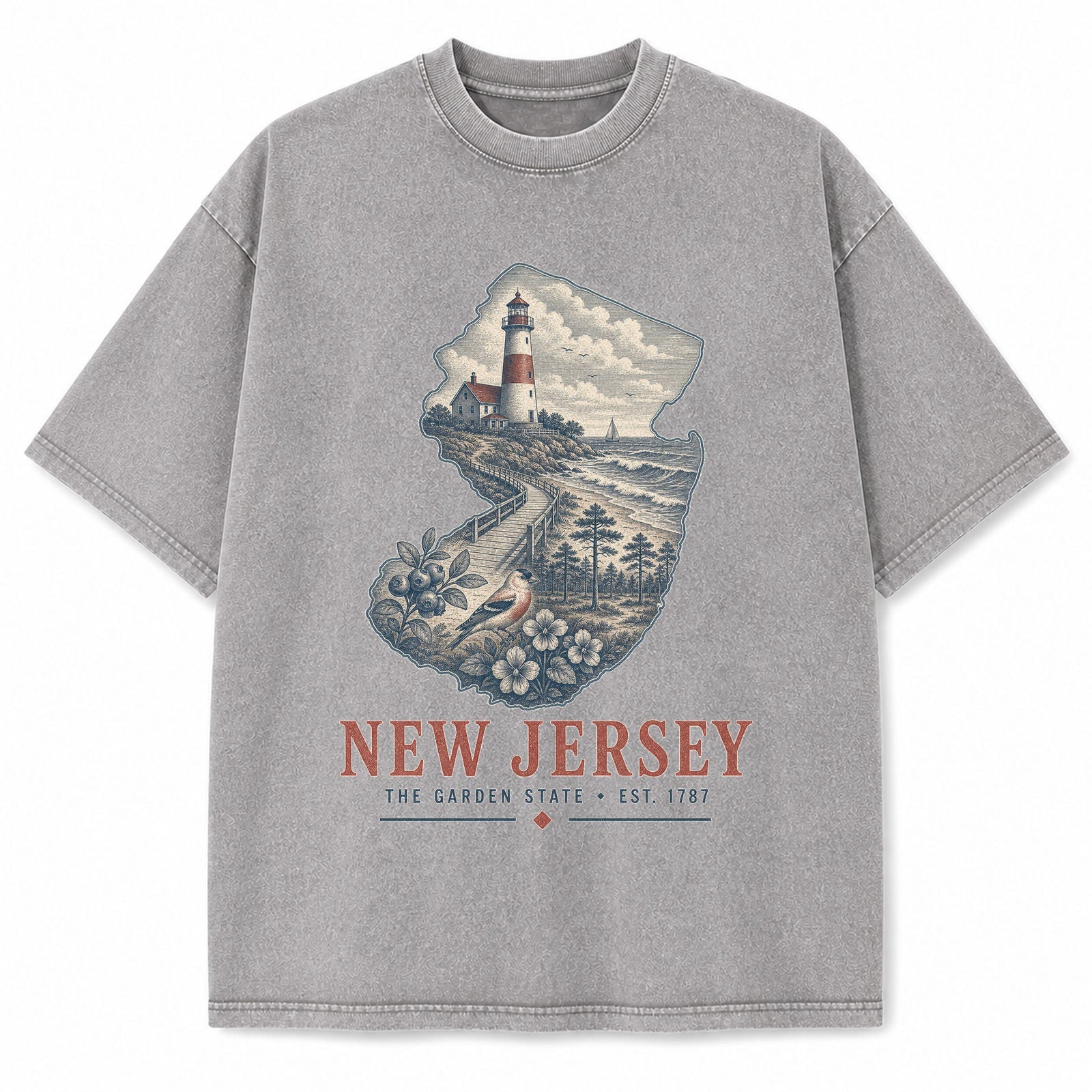 Vintage Washed New Jersey Lighthouse Graphic Tee in Light Gray, front view on a white background