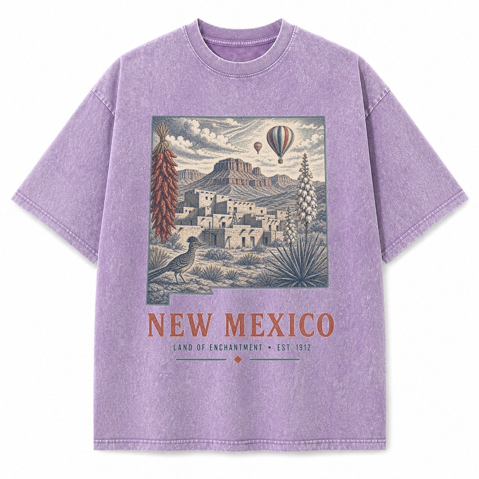 Vintage Washed New Mexico Desert Graphic Tee in Purple, front view on a white background