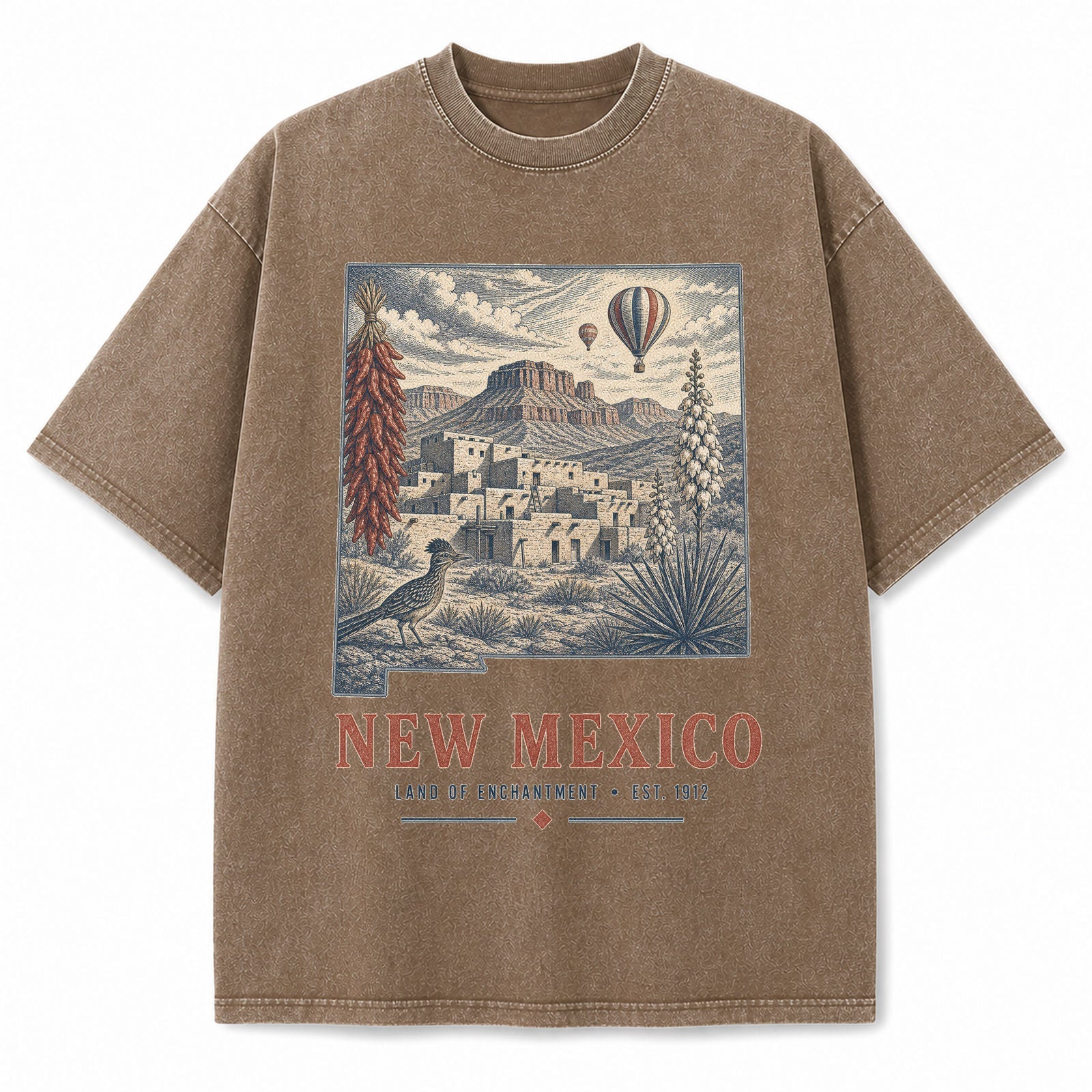 Vintage Washed New Mexico Desert Graphic Tee in Brown, front view on a white background