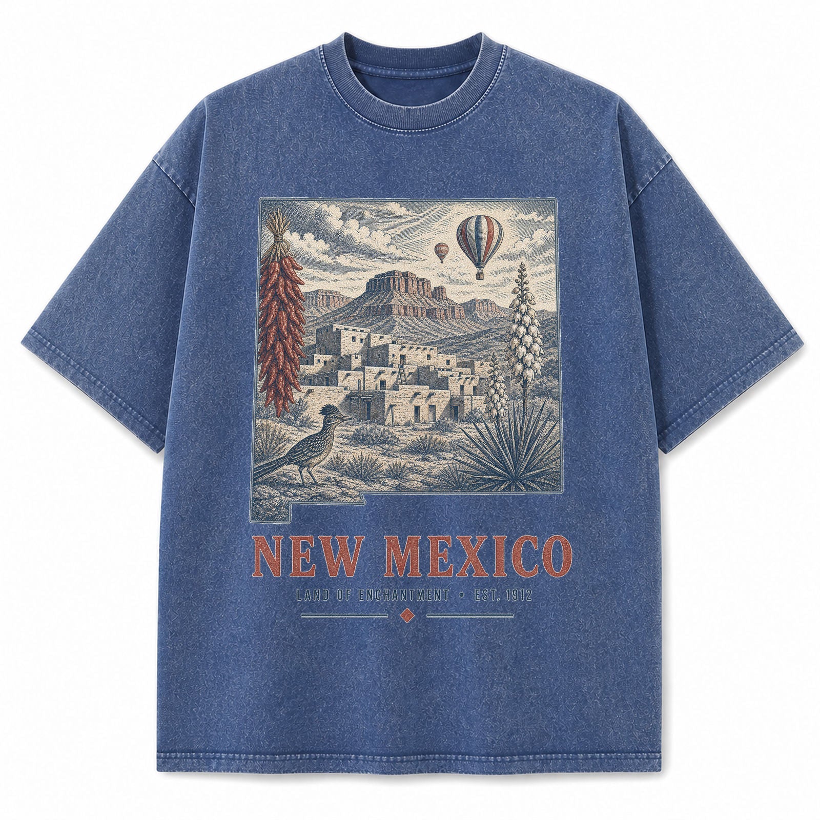 Vintage Washed New Mexico Desert Graphic Tee in Blue, front view on a white background