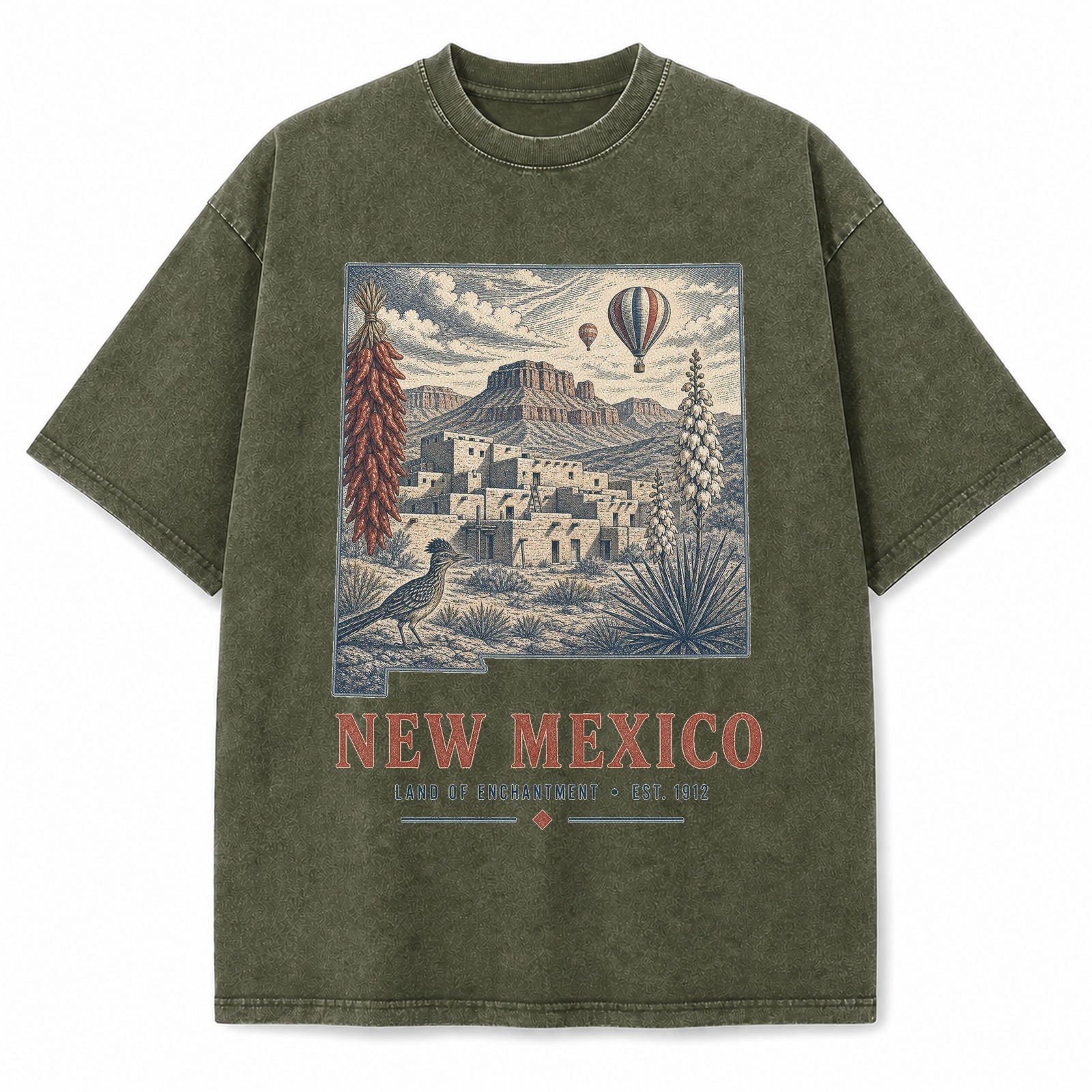 Vintage Washed New Mexico Desert Graphic Tee in Military Green, front view on a white background