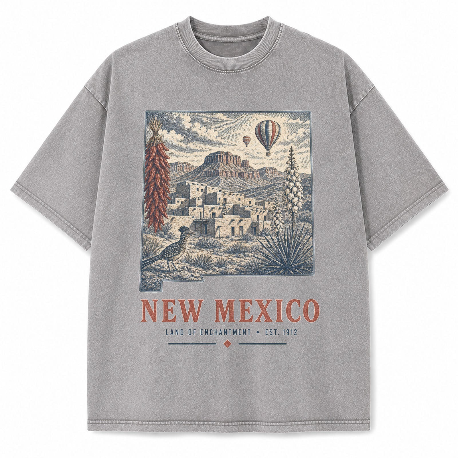 Vintage Washed New Mexico Desert Graphic Tee in Light Gray, front view on a white background