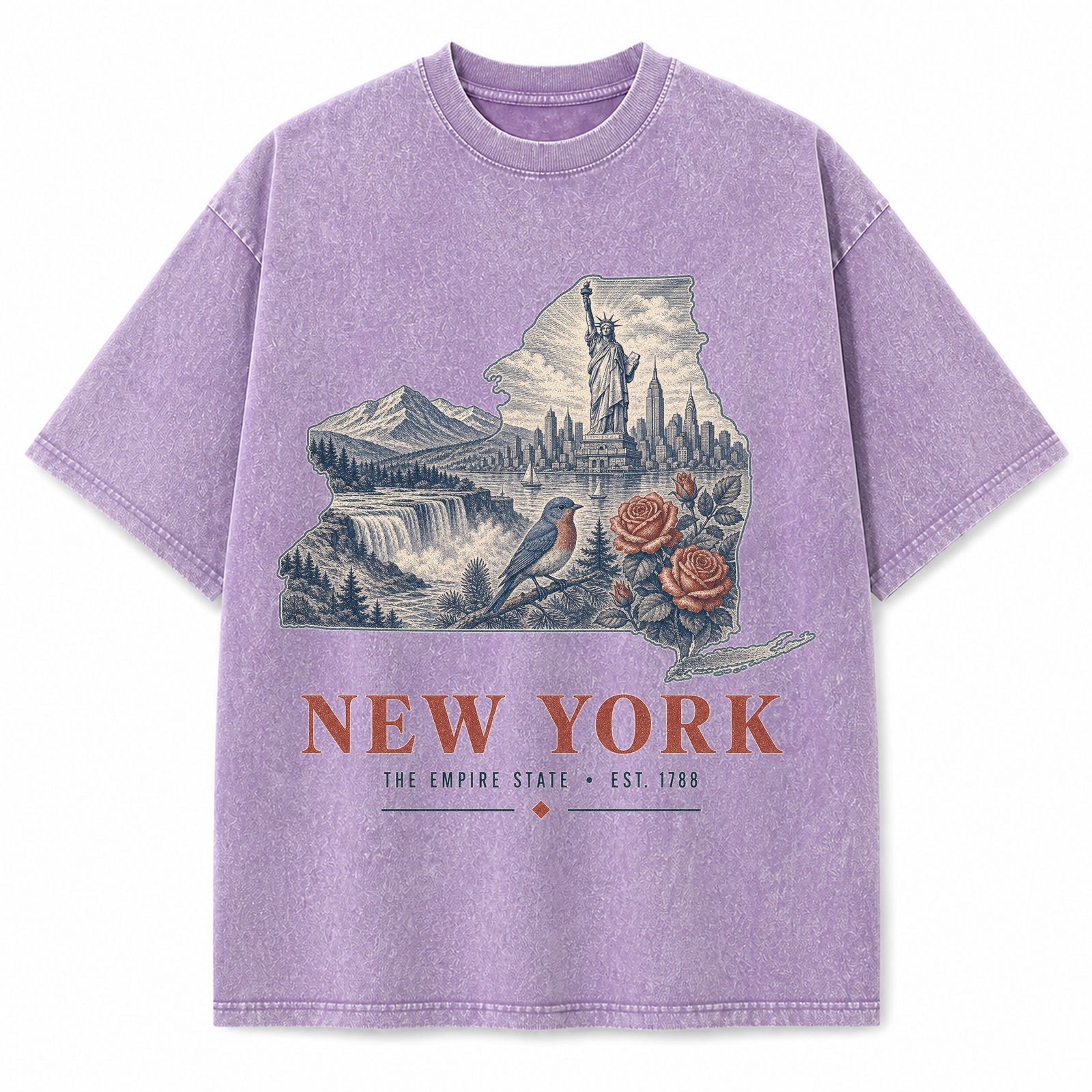 Vintage Washed New York Skyline Graphic Tee in Purple, front view on a white background