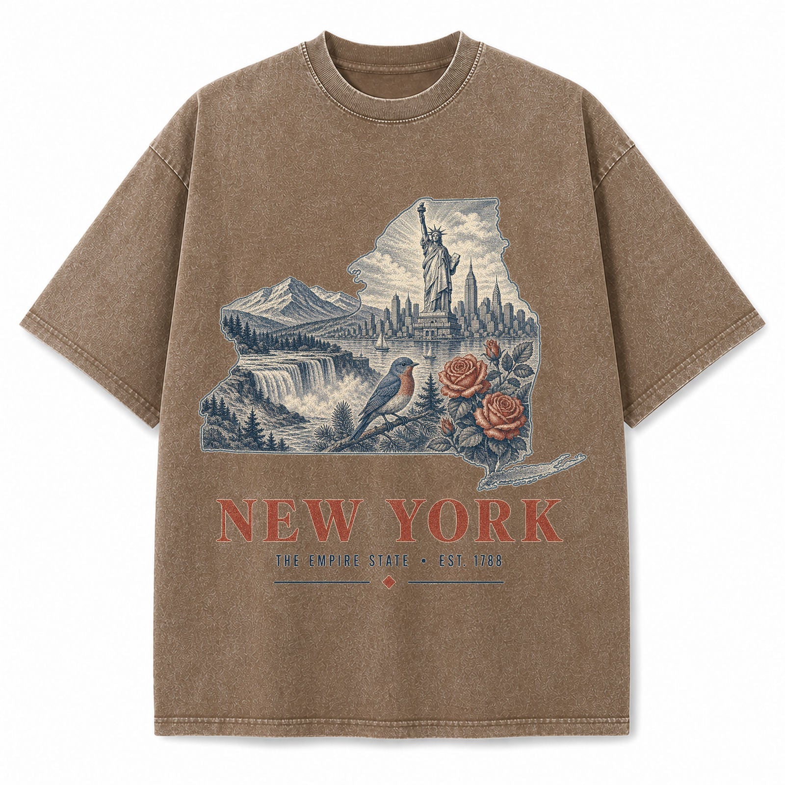 Vintage Washed New York Skyline Graphic Tee in Brown, front view on a white background