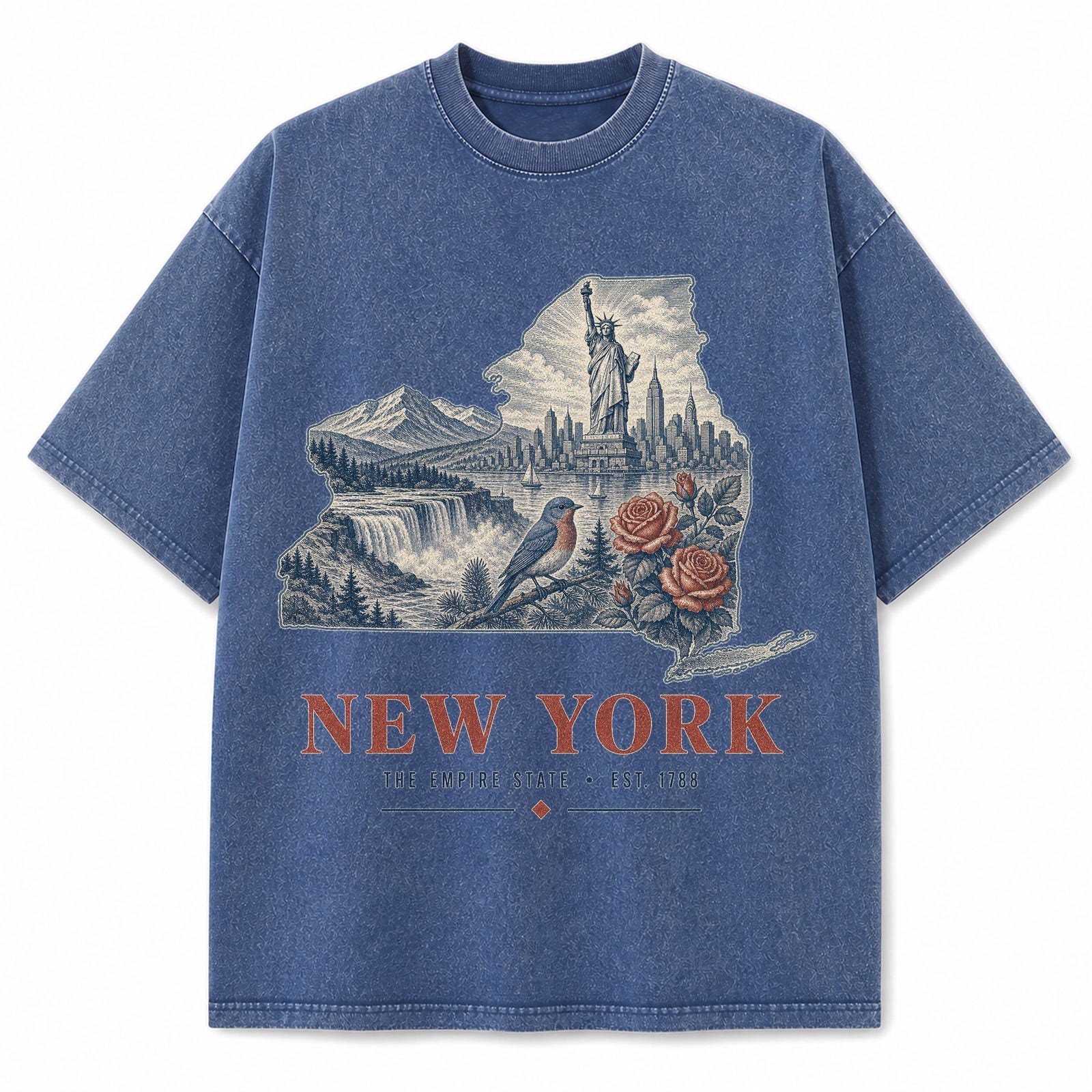Vintage Washed New York Skyline Graphic Tee in Blue, front view on a white background