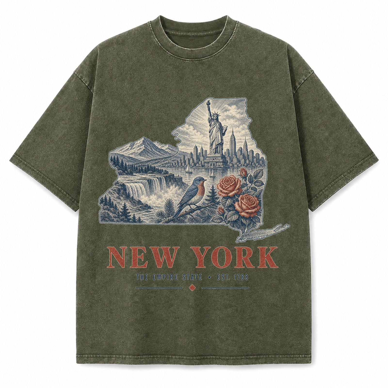 Vintage Washed New York Skyline Graphic Tee in Military Green, front view on a white background