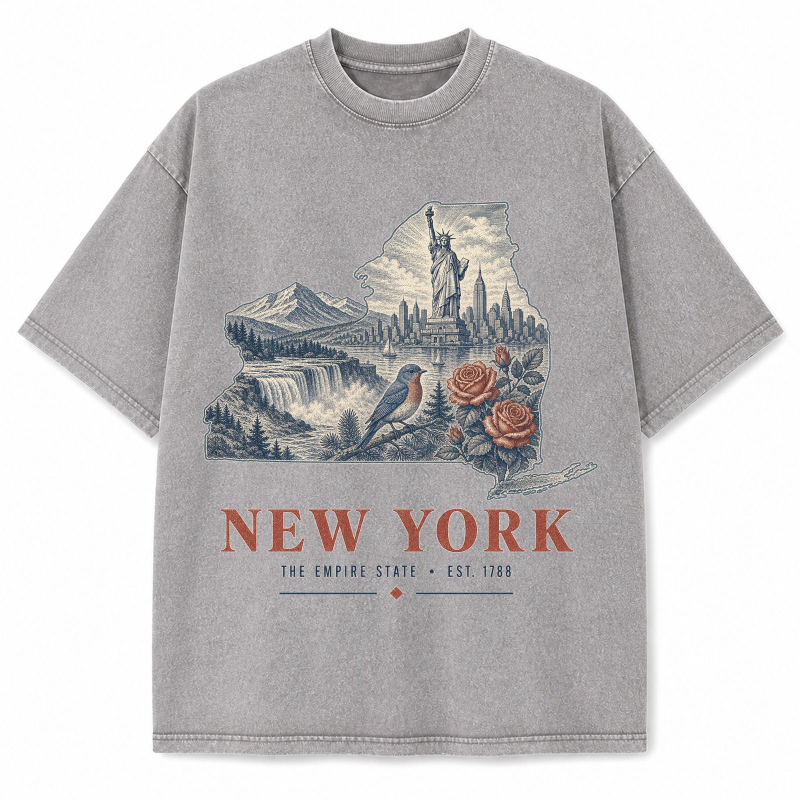 Vintage Washed New York Skyline Graphic Tee in Light Gray, front view on a white background