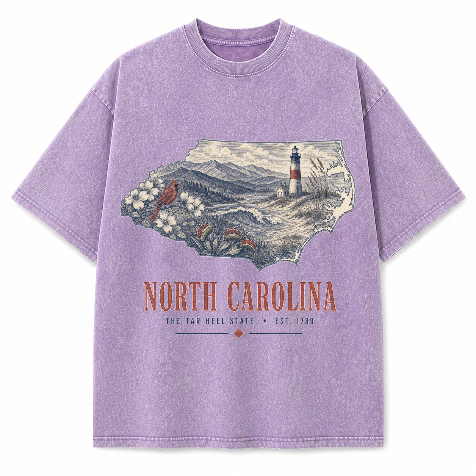 Vintage Washed North Carolina Coastal Graphic Tee in Purple, front view on a white background