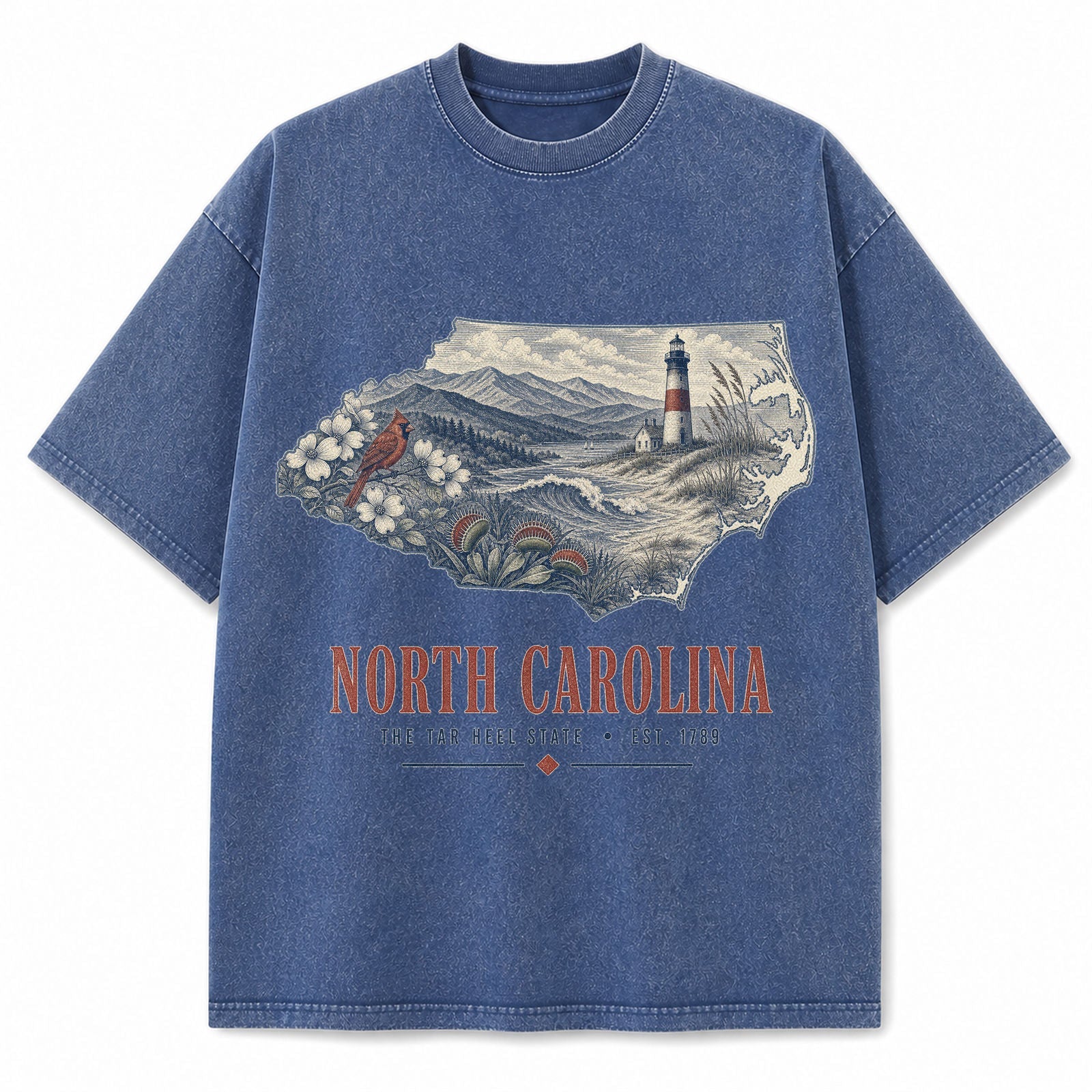 Vintage Washed North Carolina Coastal Graphic Tee in Blue, front view on a white background