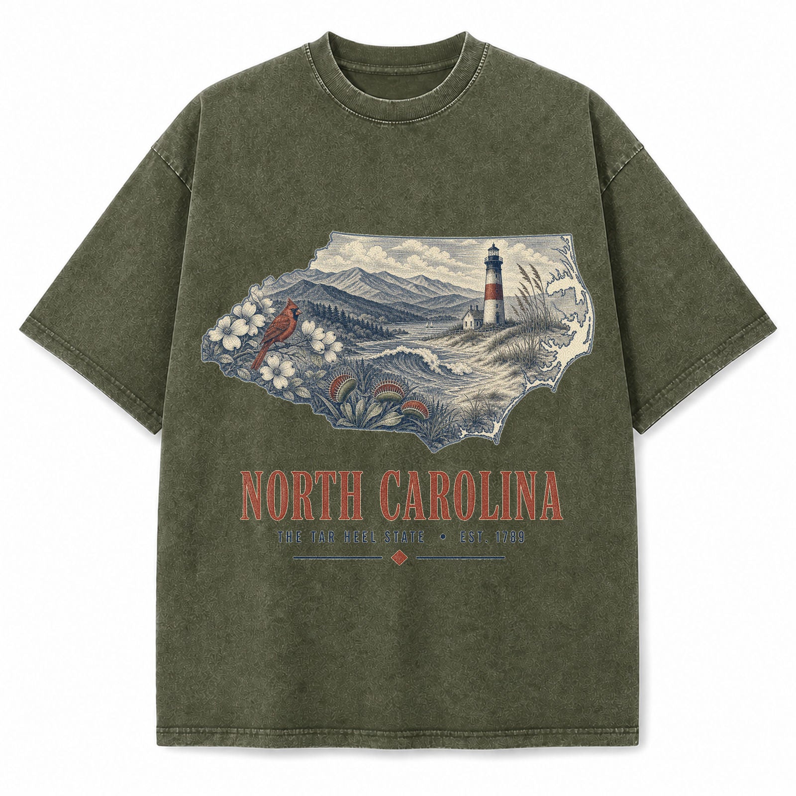 Vintage Washed North Carolina Coastal Graphic Tee in Military Green, front view on a white background