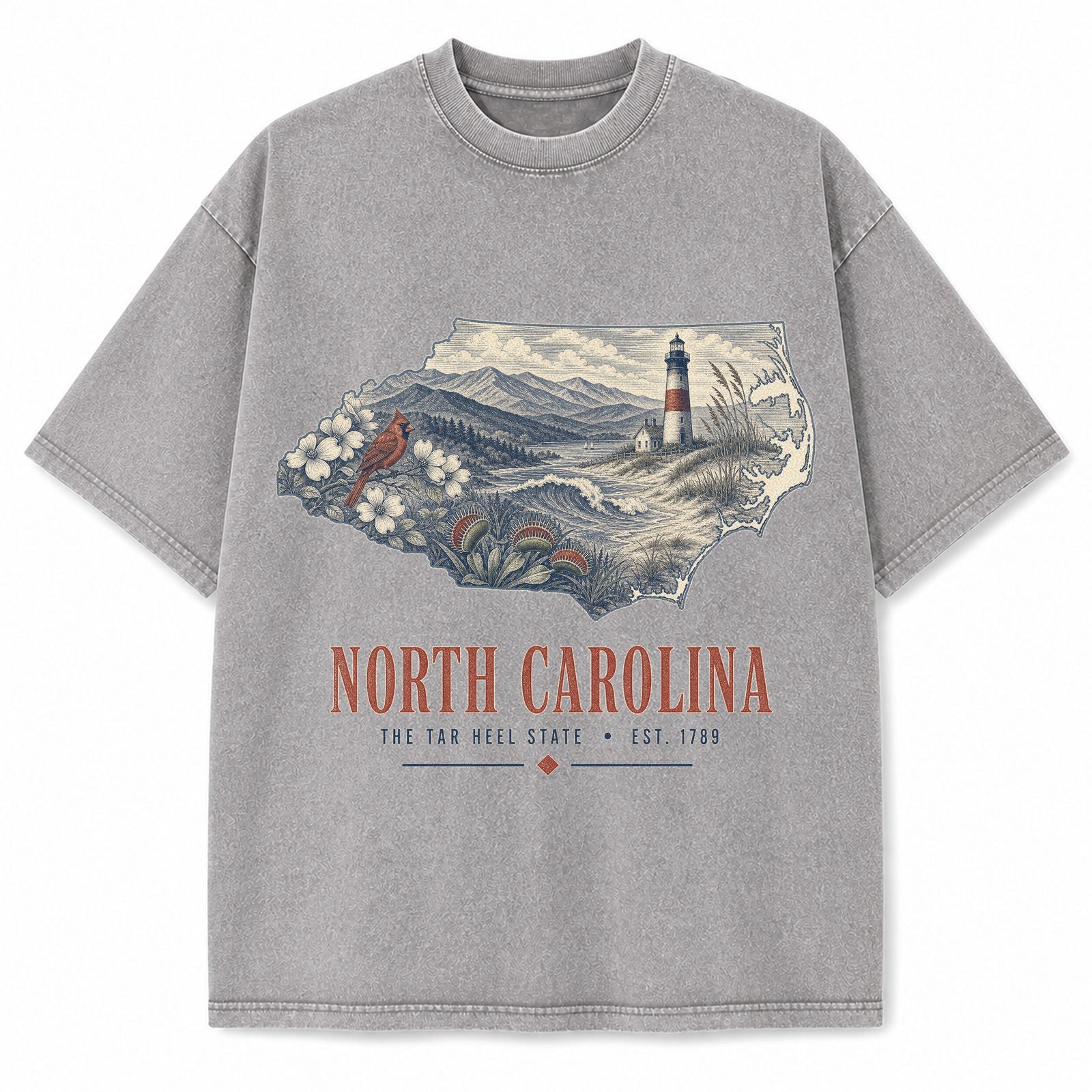 Vintage Washed North Carolina Coastal Graphic Tee in Light Gray, front view on a white background