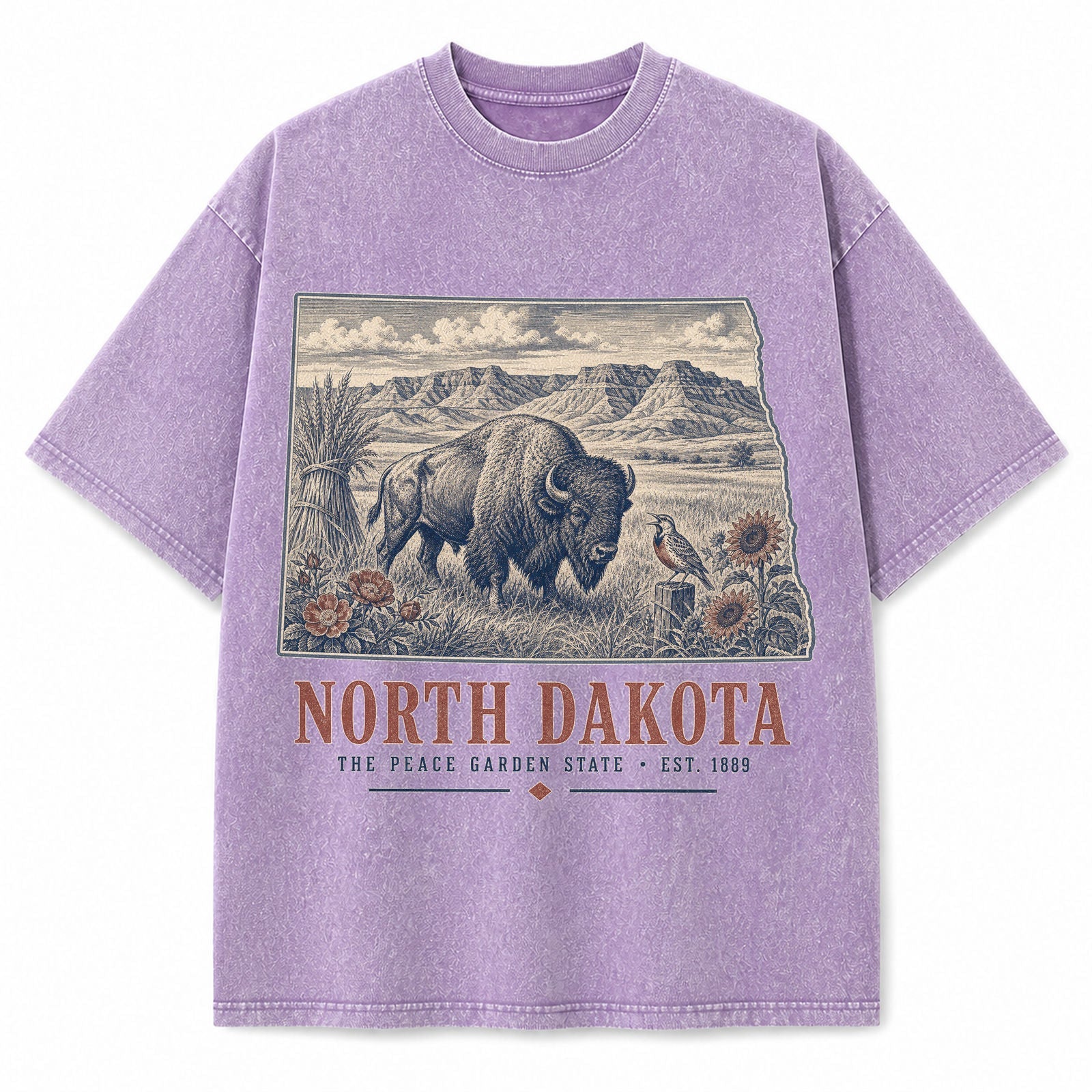 Vintage Washed North Dakota Bison Graphic Tee in Purple, front view on a white background
