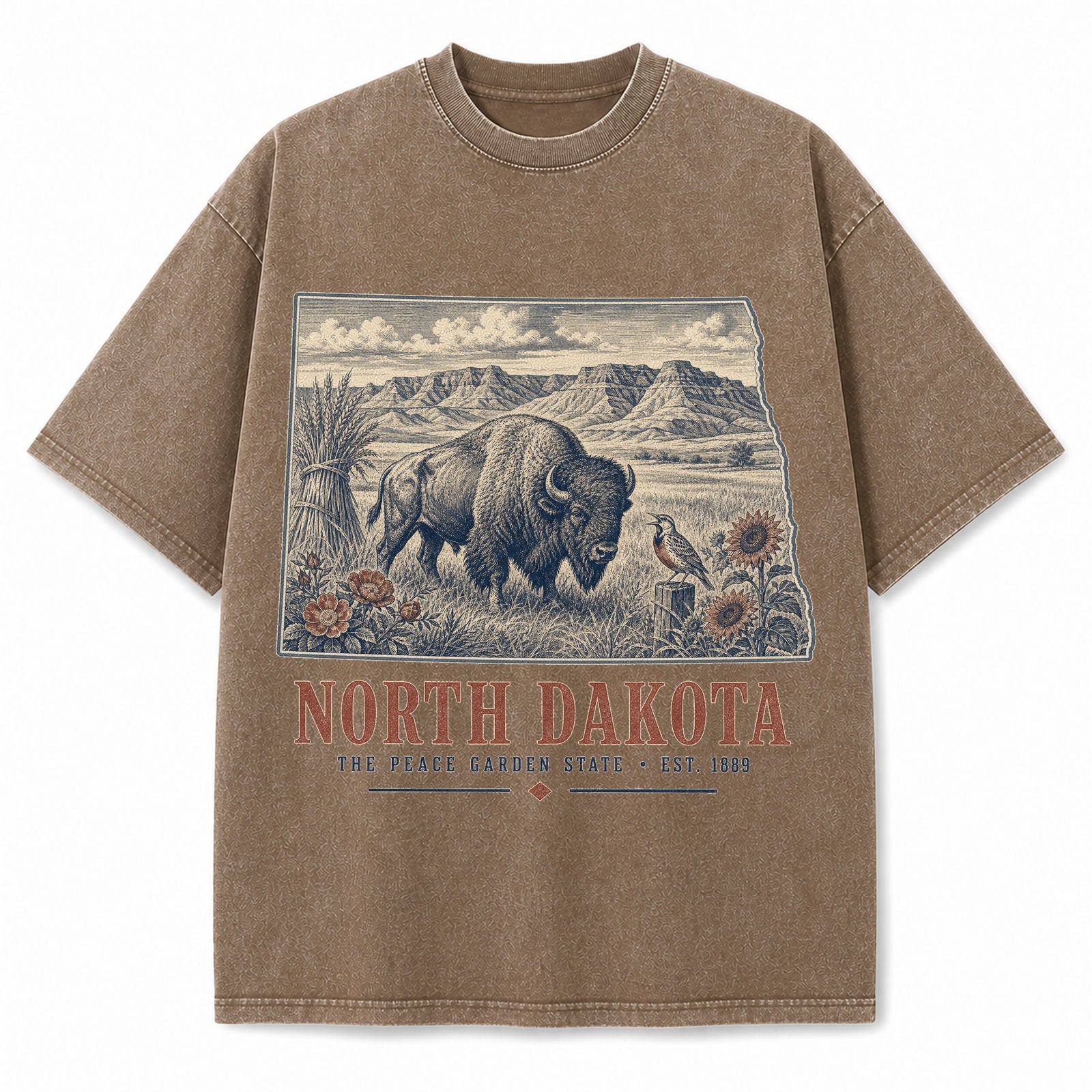 Vintage Washed North Dakota Bison Graphic Tee in Brown, front view on a white background