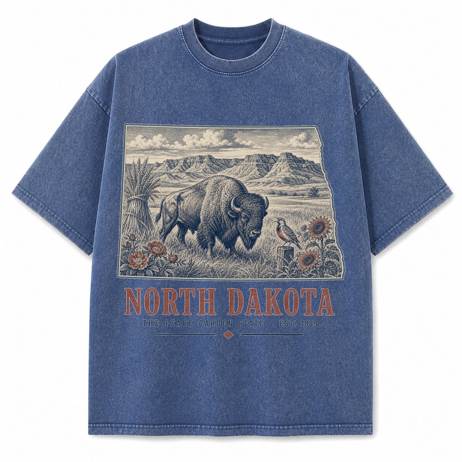 Vintage Washed North Dakota Bison Graphic Tee in Blue, front view on a white background