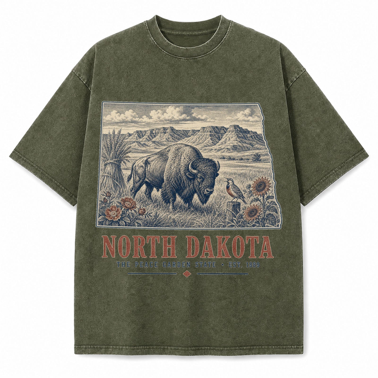 Vintage Washed North Dakota Bison Graphic Tee in Military Green, front view on a white background