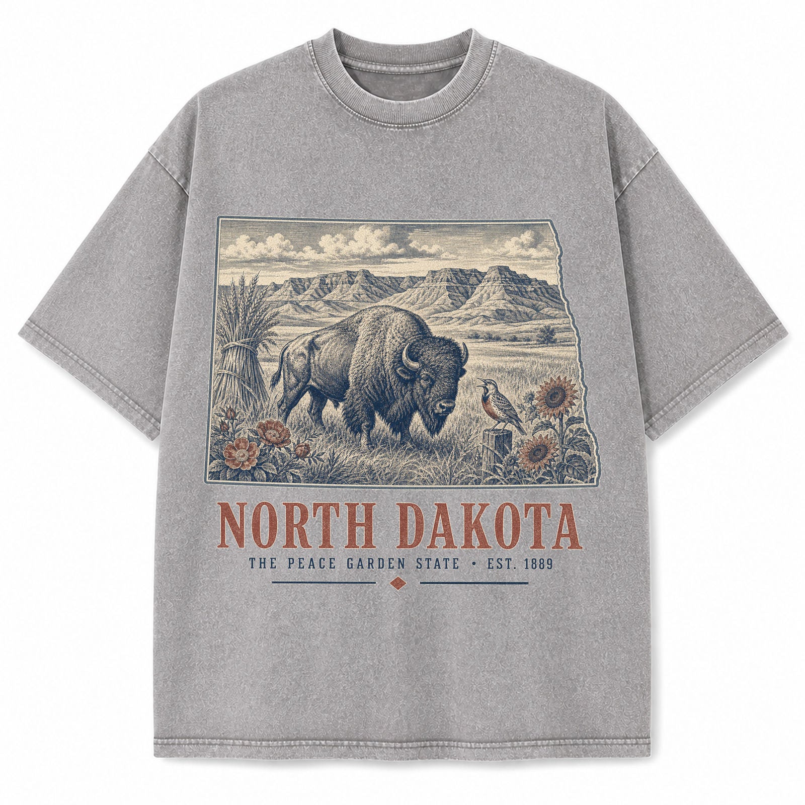 Vintage Washed North Dakota Bison Graphic Tee in Light Gray, front view on a white background
