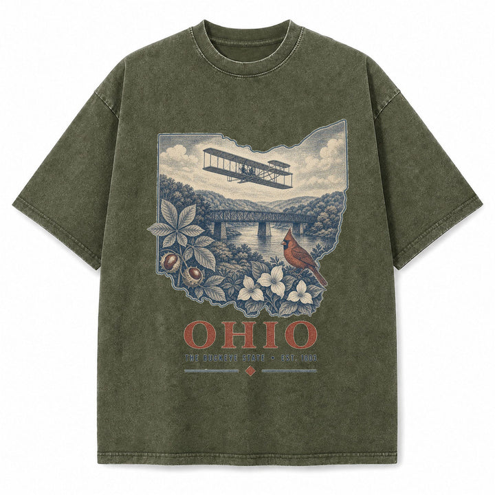 Vintage Washed Ohio Aviation Graphic Tee in Military Green, front view on a white background