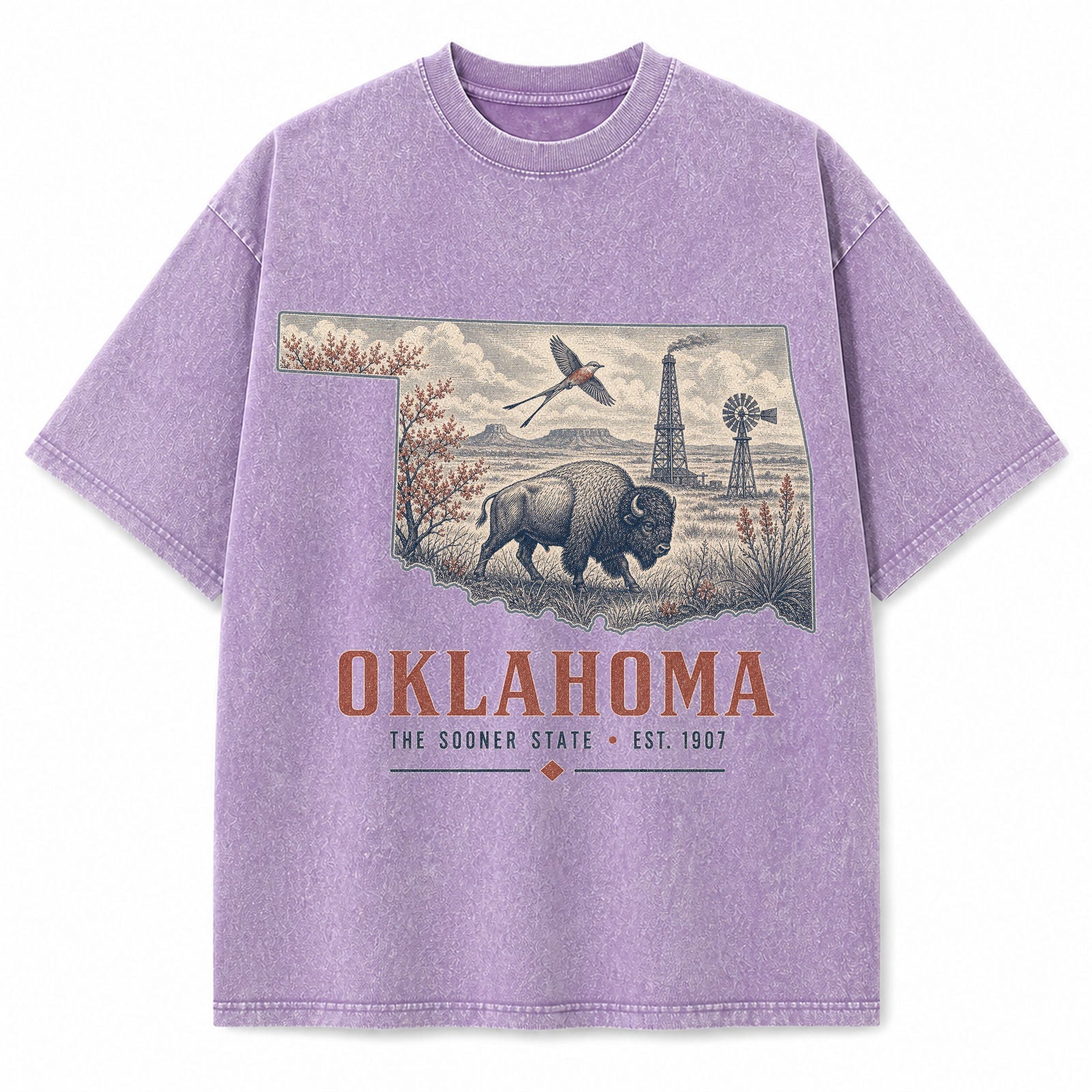 Vintage Washed Oklahoma Bison Graphic Tee in Purple, front view on a white background