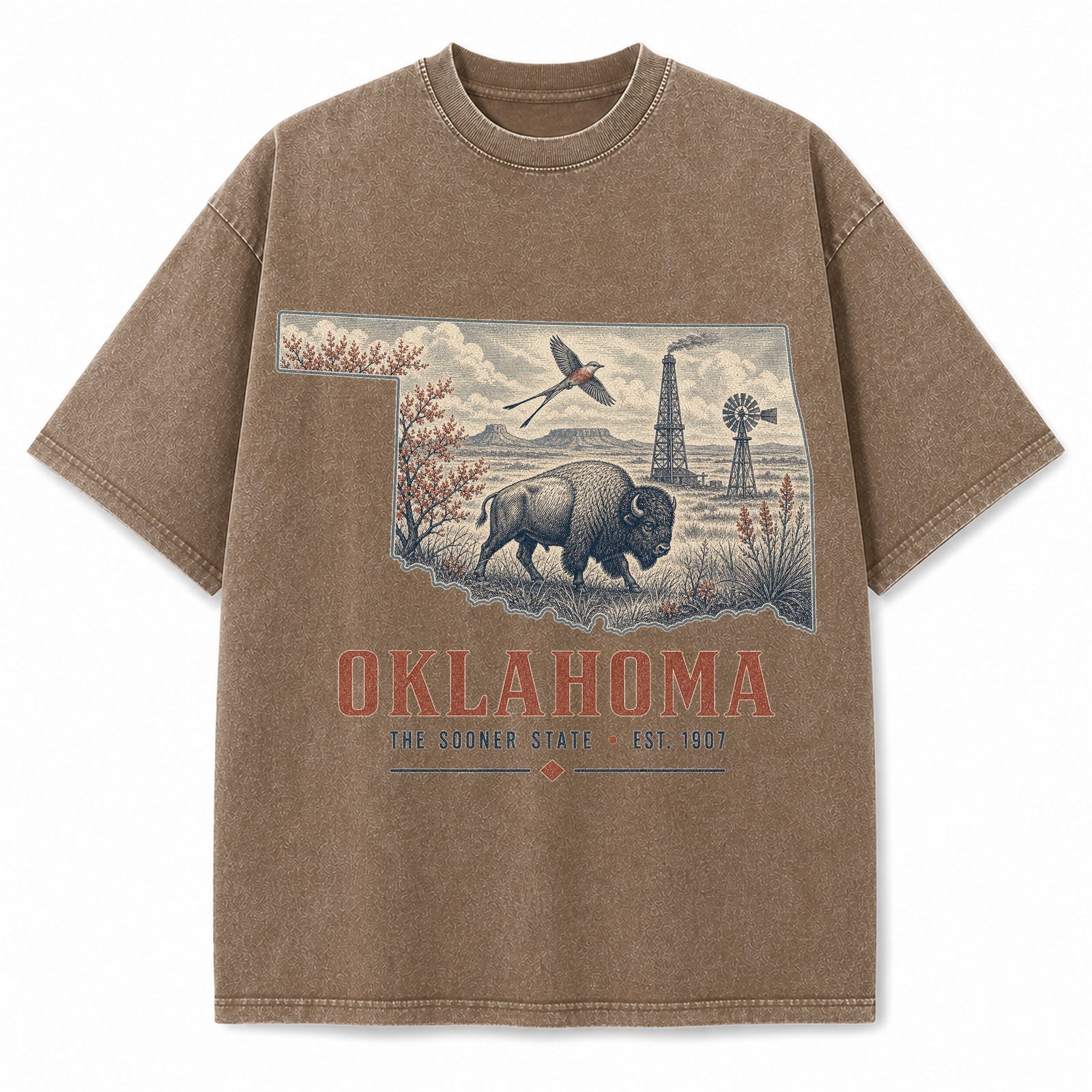 Vintage Washed Oklahoma Bison Graphic Tee in Brown, front view on a white background