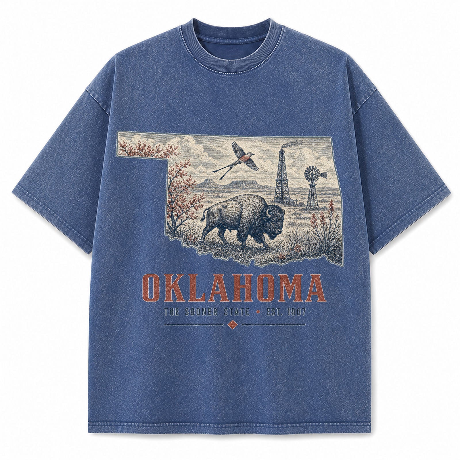 Vintage Washed Oklahoma Bison Graphic Tee in Blue, front view on a white background