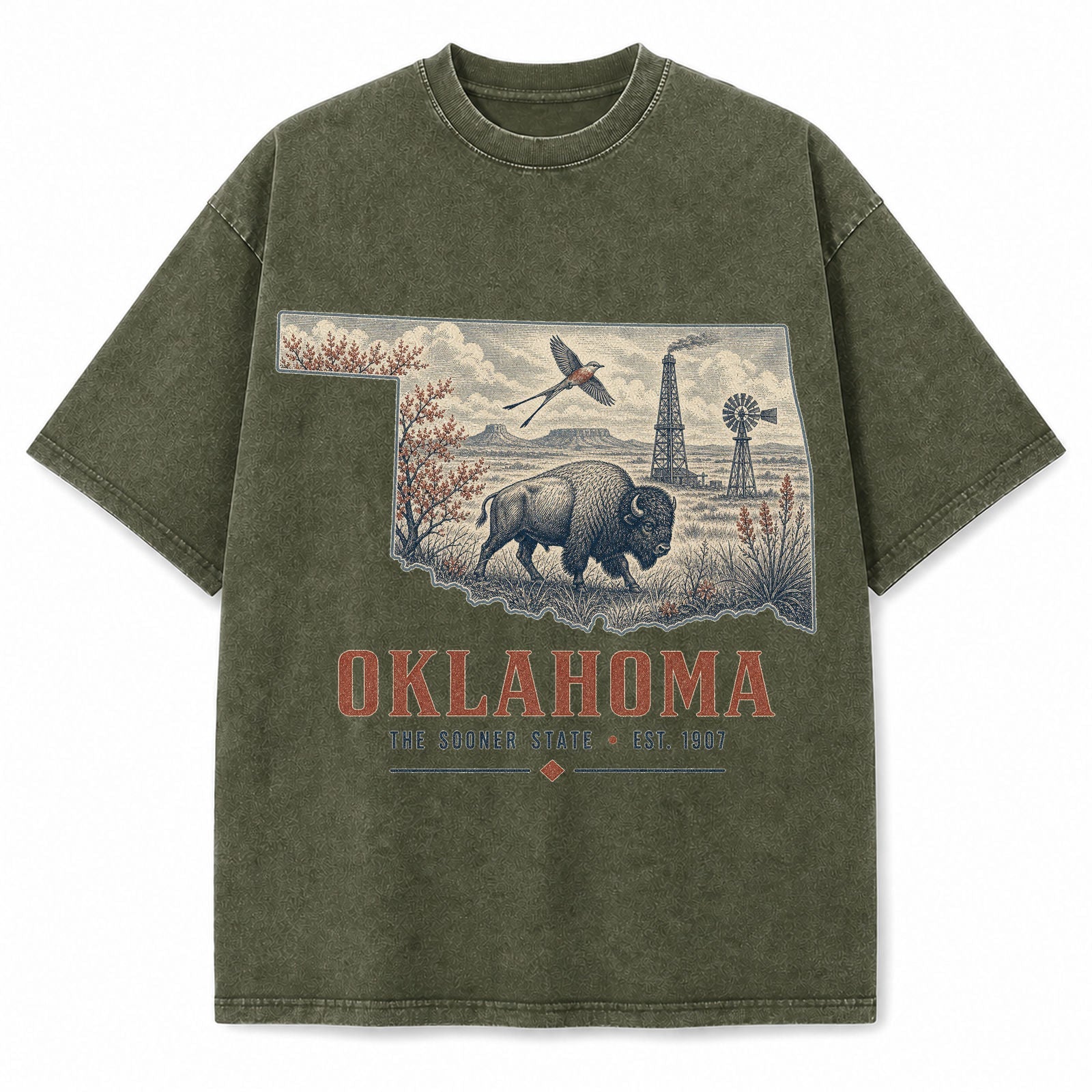 Vintage Washed Oklahoma Bison Graphic Tee in Military Green, front view on a white background