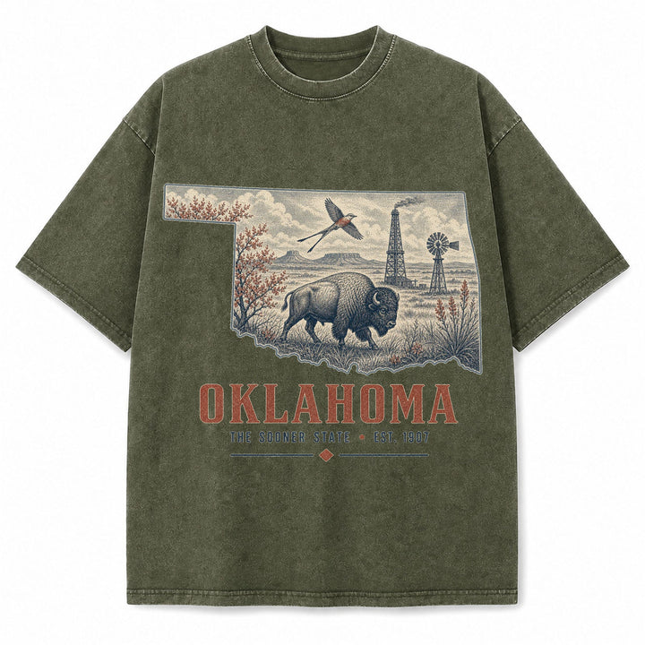 Vintage Washed Oklahoma Bison Graphic Tee in Military Green, front view on a white background