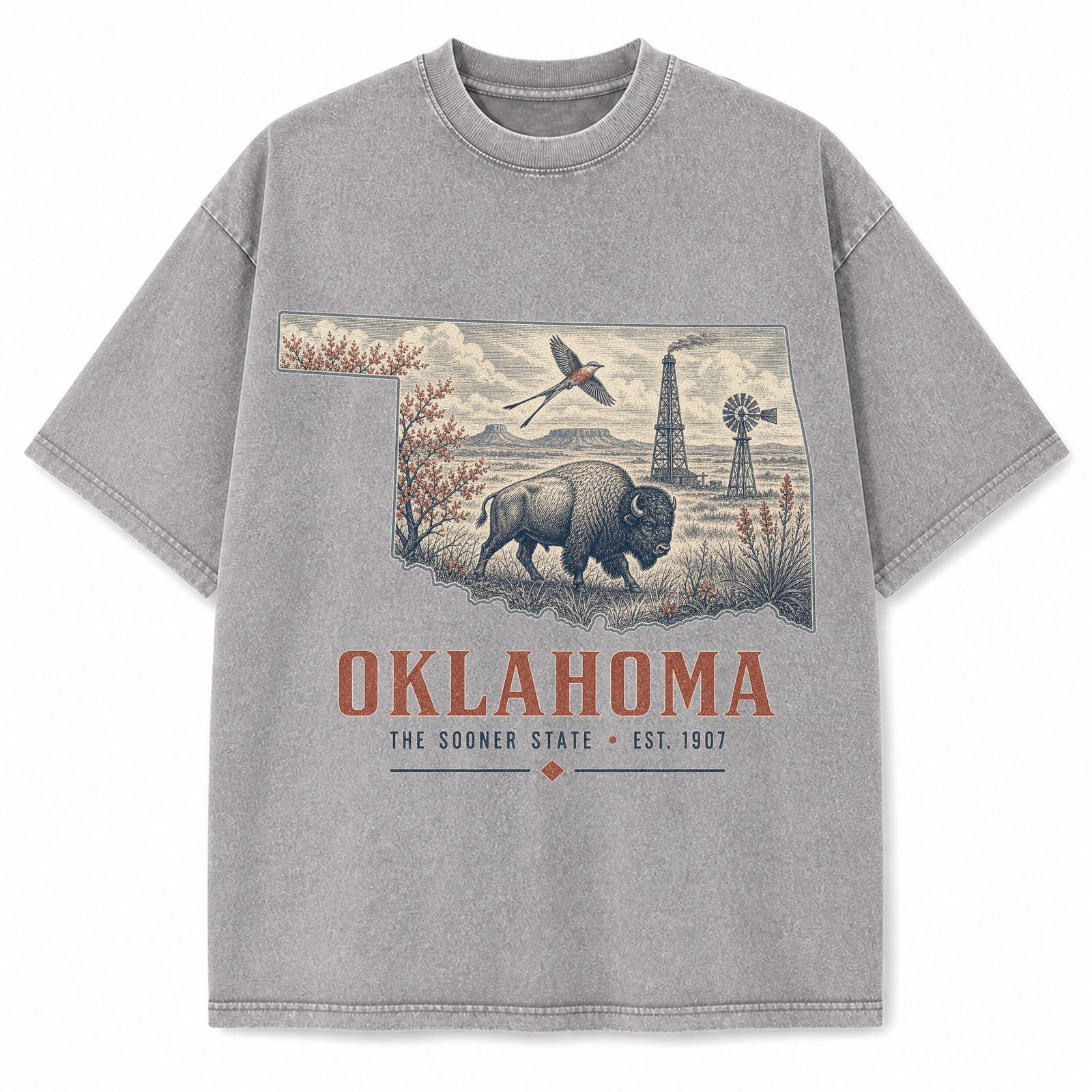 Vintage Washed Oklahoma Bison Graphic Tee in Light Gray, front view on a white background