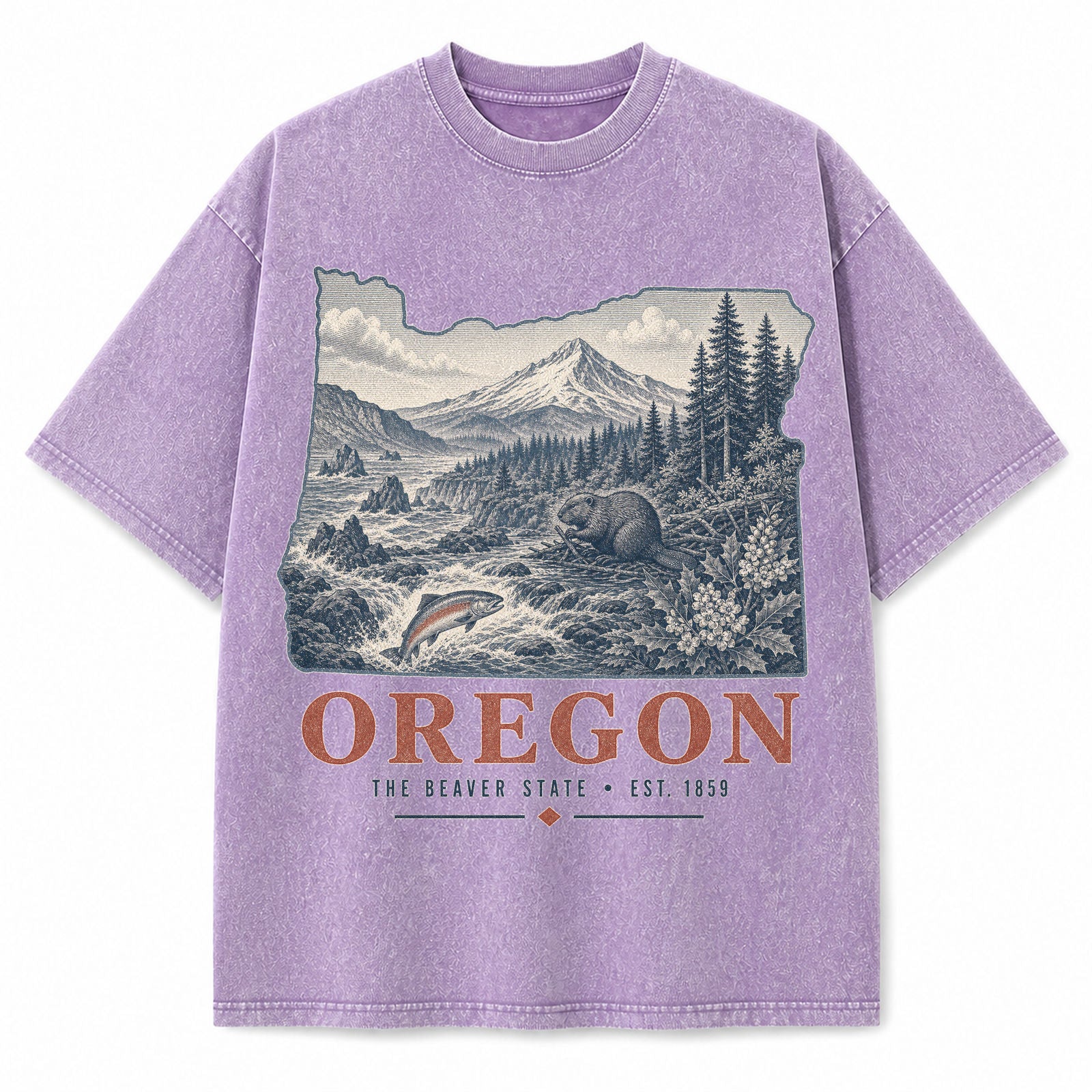 Vintage Washed Oregon Mountain Graphic Tee in Purple, front view on a white background