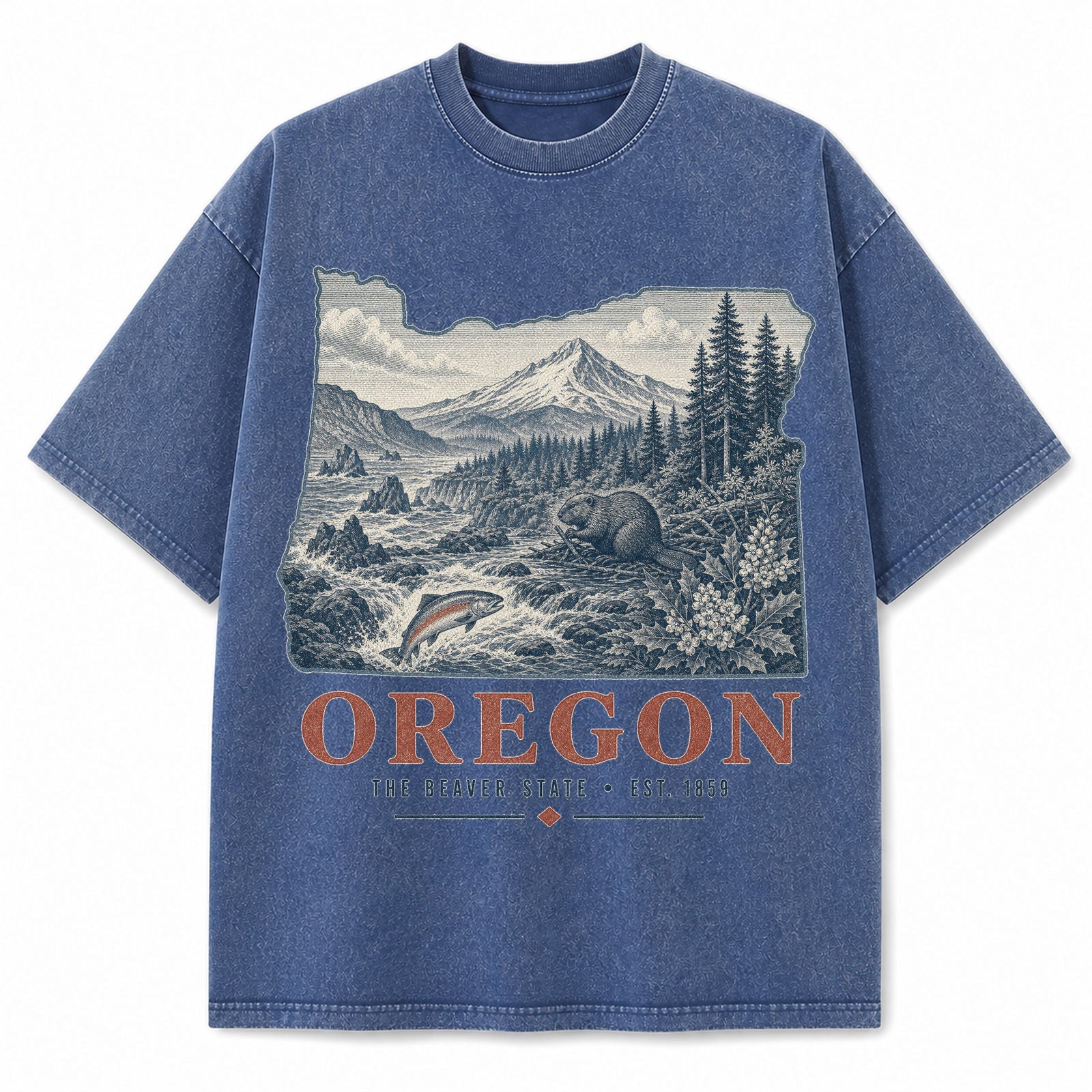 Vintage Washed Oregon Mountain Graphic Tee in Blue, front view on a white background