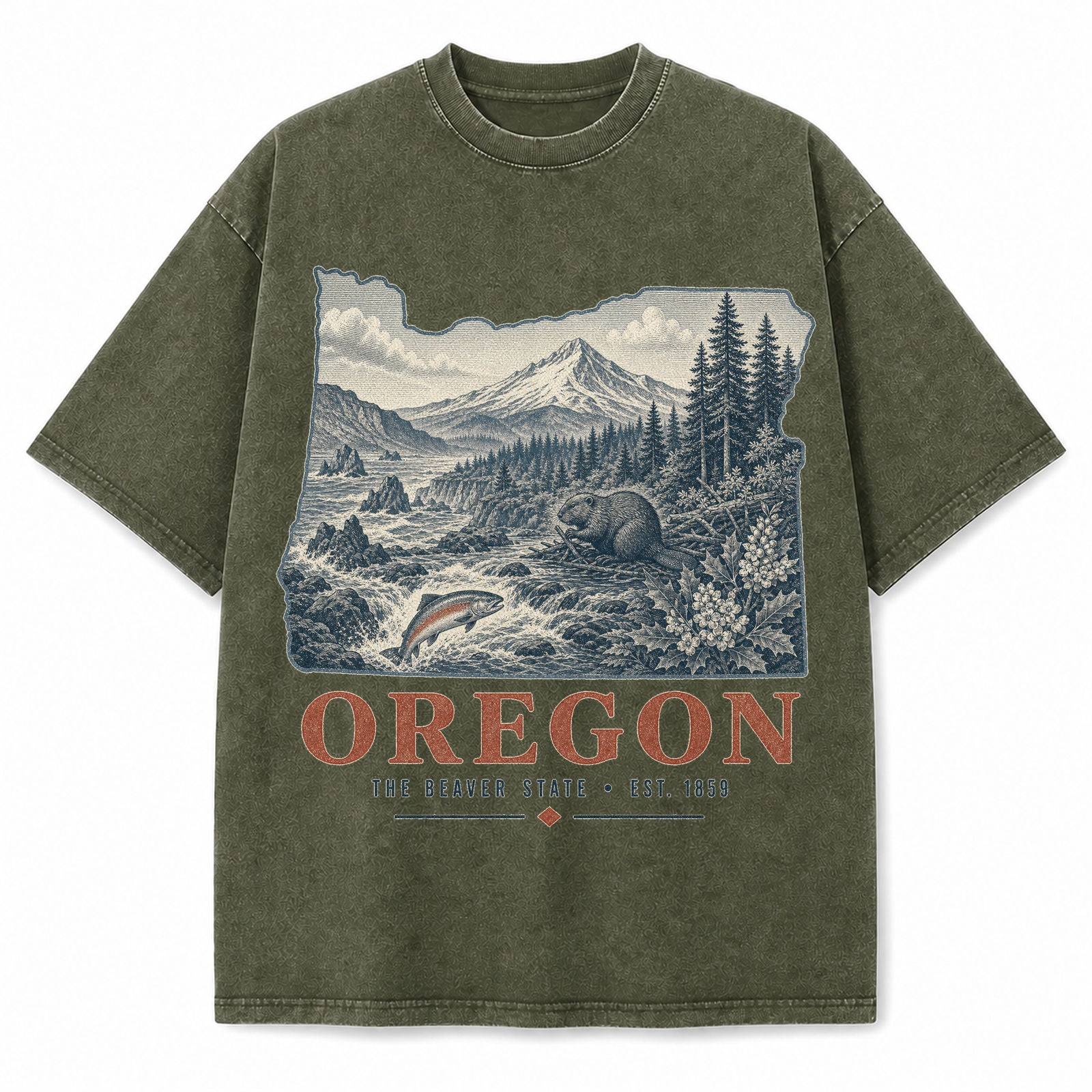 Vintage Washed Oregon Mountain Graphic Tee in Military Green, front view on a white background