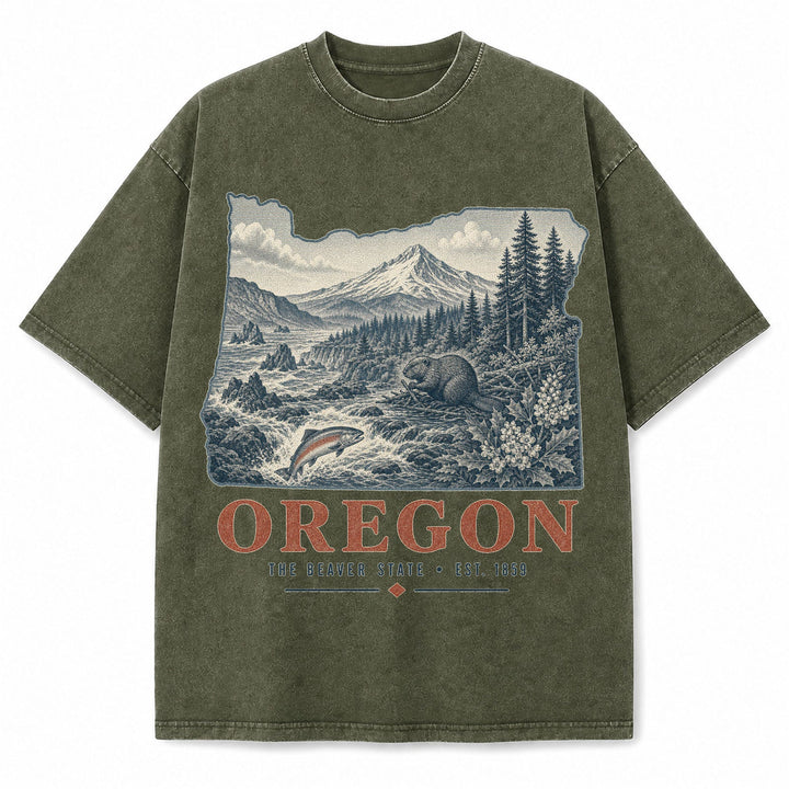 Vintage Washed Oregon Mountain Graphic Tee in Military Green, front view on a white background