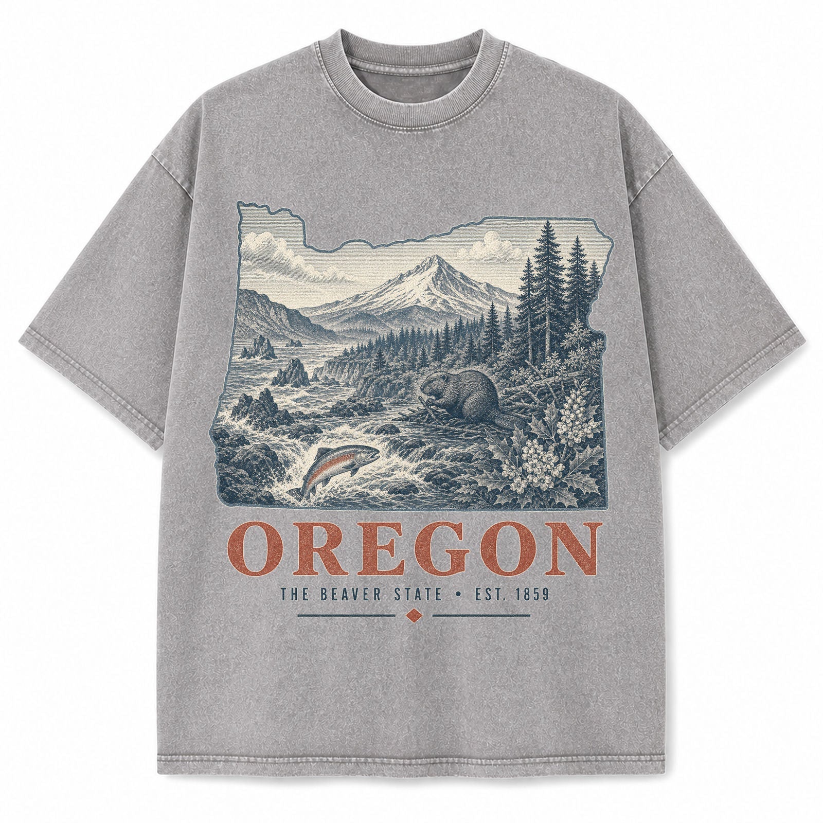 Vintage Washed Oregon Mountain Graphic Tee in Light Gray, front view on a white background