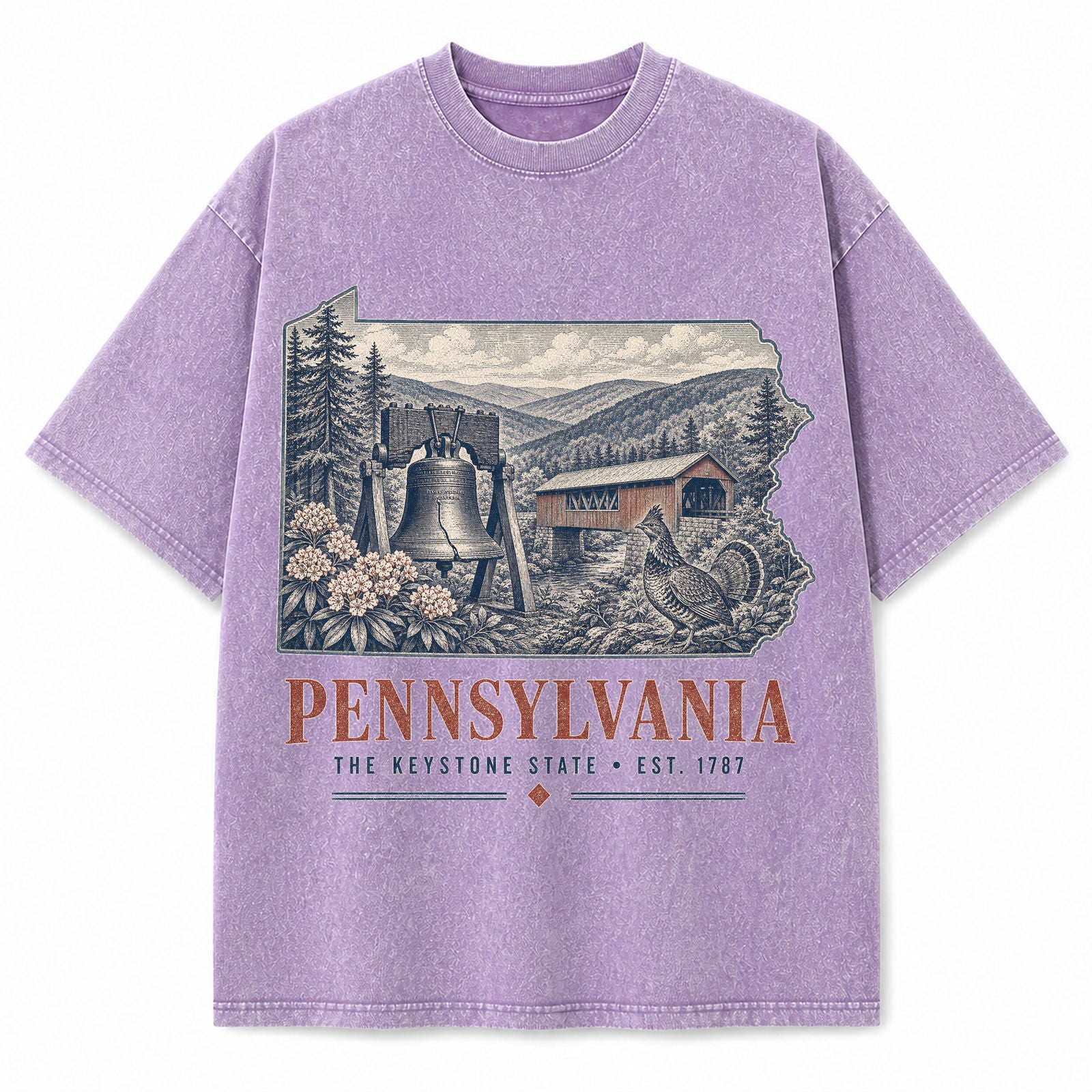 Vintage Washed Pennsylvania Liberty Bell Graphic Tee in Purple, front view on a white background