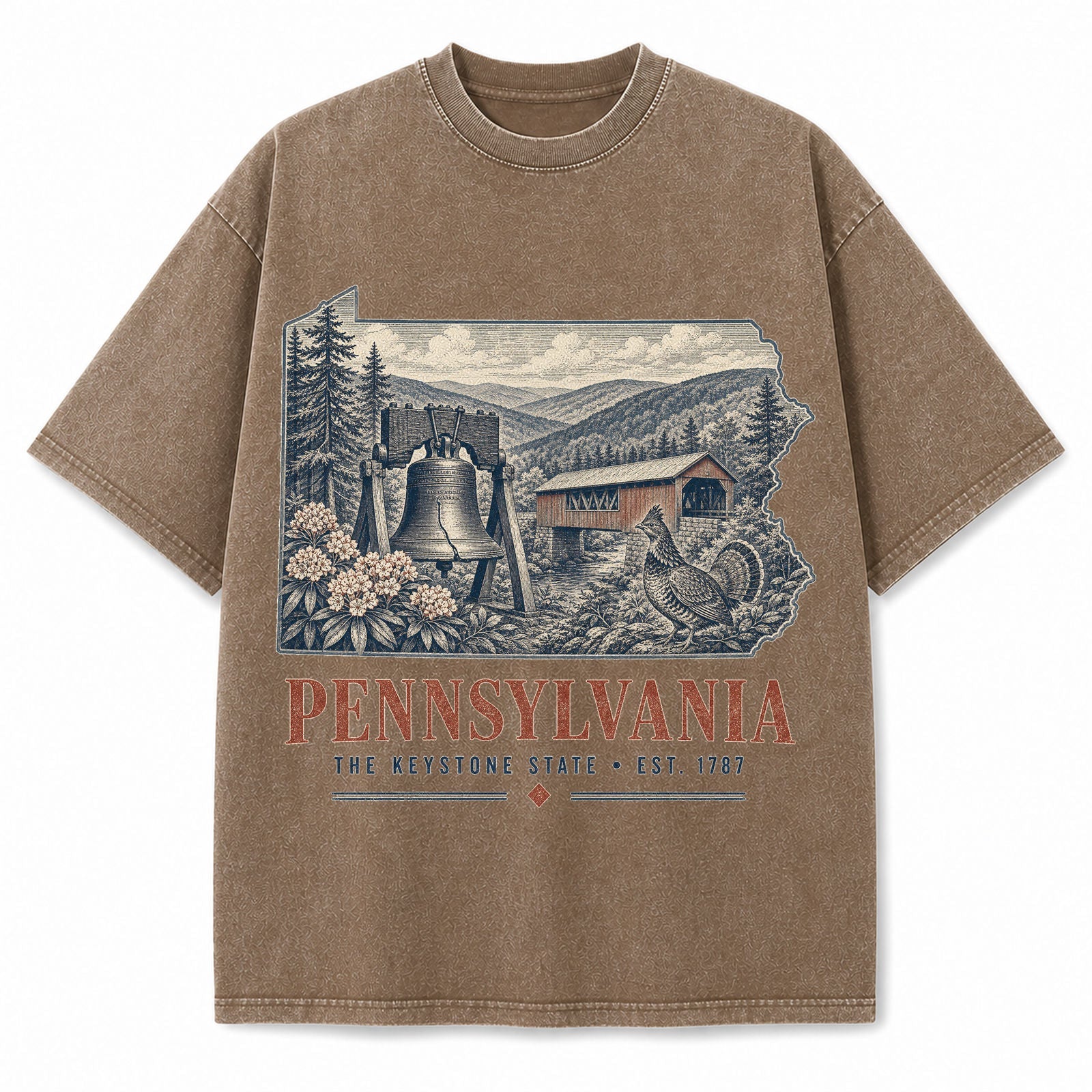 Vintage Washed Pennsylvania Liberty Bell Graphic Tee in Brown, front view on a white background