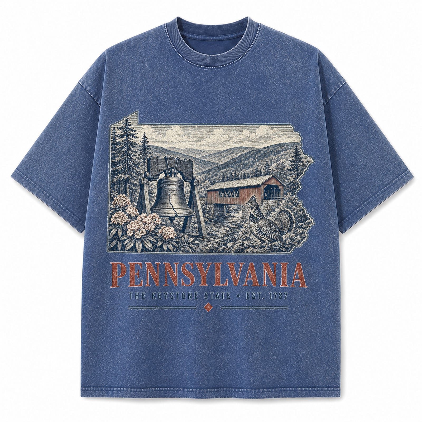 Vintage Washed Pennsylvania Liberty Bell Graphic Tee in Blue, front view on a white background