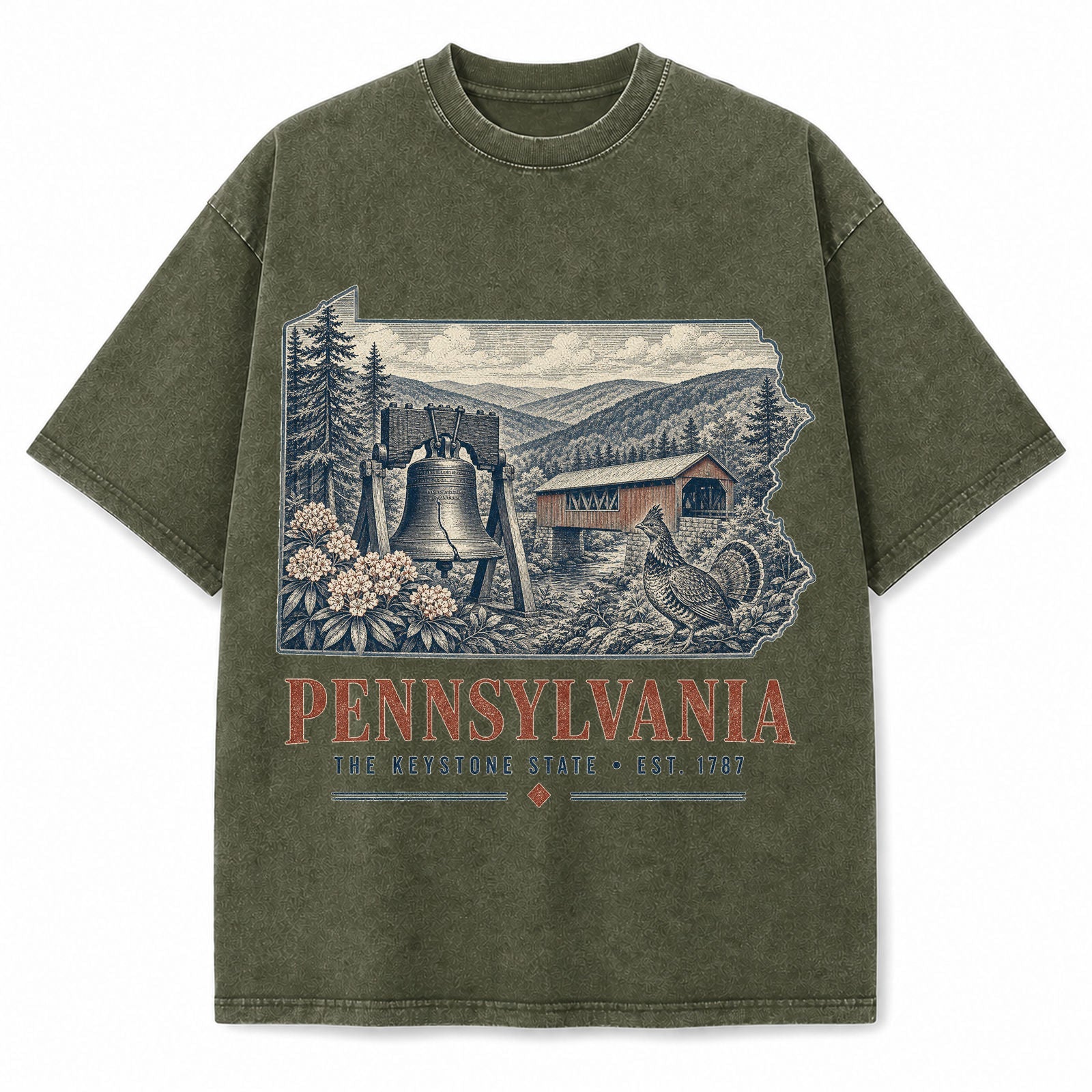 Vintage Washed Pennsylvania Liberty Bell Graphic Tee in Military Green, front view on a white background
