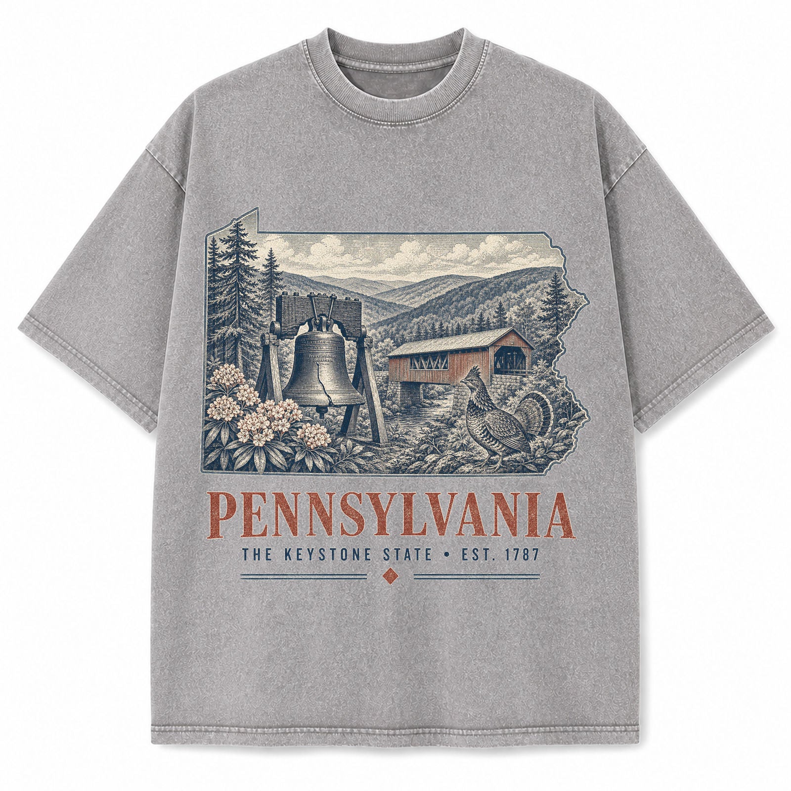 Vintage Washed Pennsylvania Liberty Bell Graphic Tee in Light Gray, front view on a white background