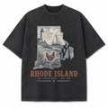 Vintage Washed Rhode Island Coastal Graphic Tee in Black, front view on a white background