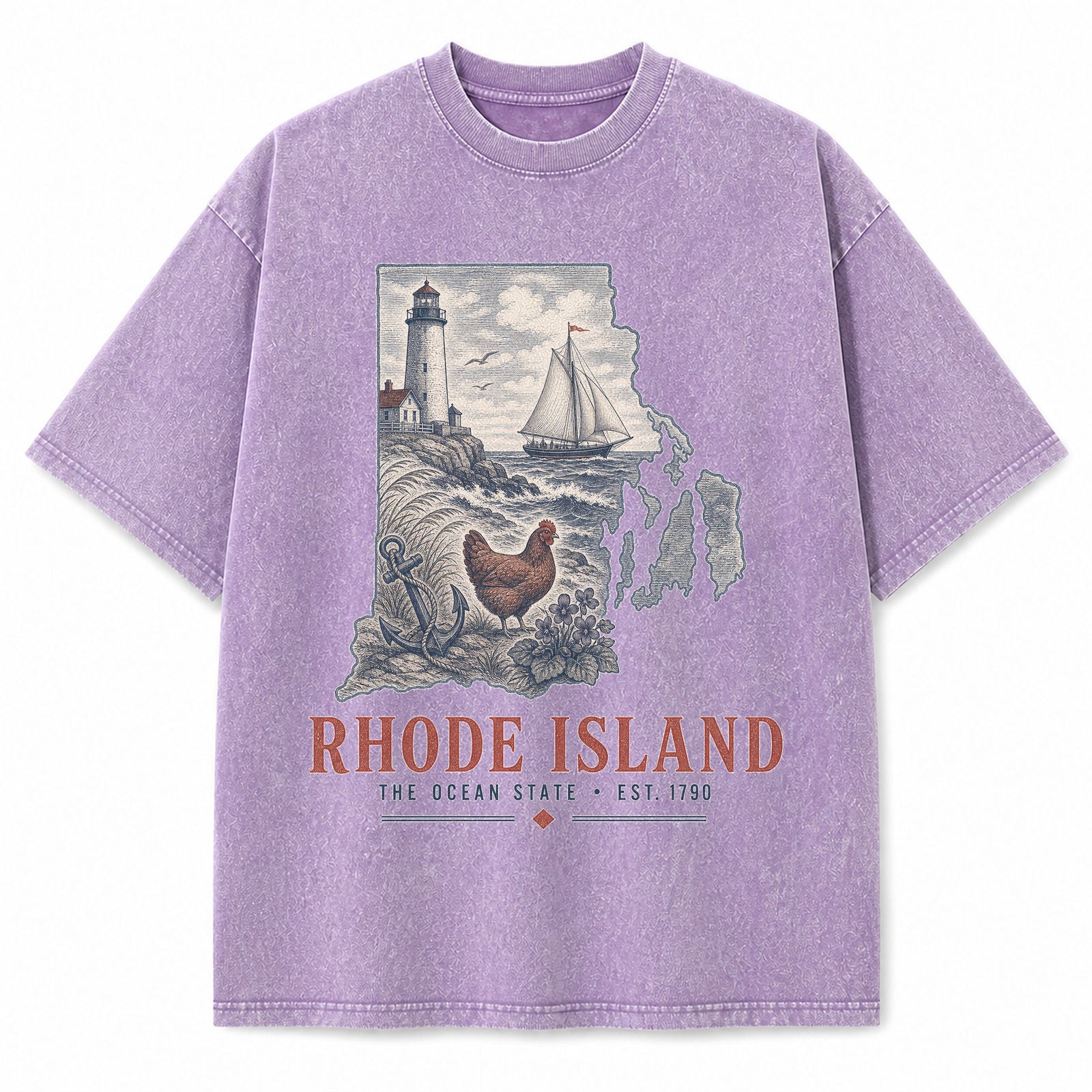 Vintage Washed Rhode Island Coastal Graphic Tee in Purple, front view on a white background