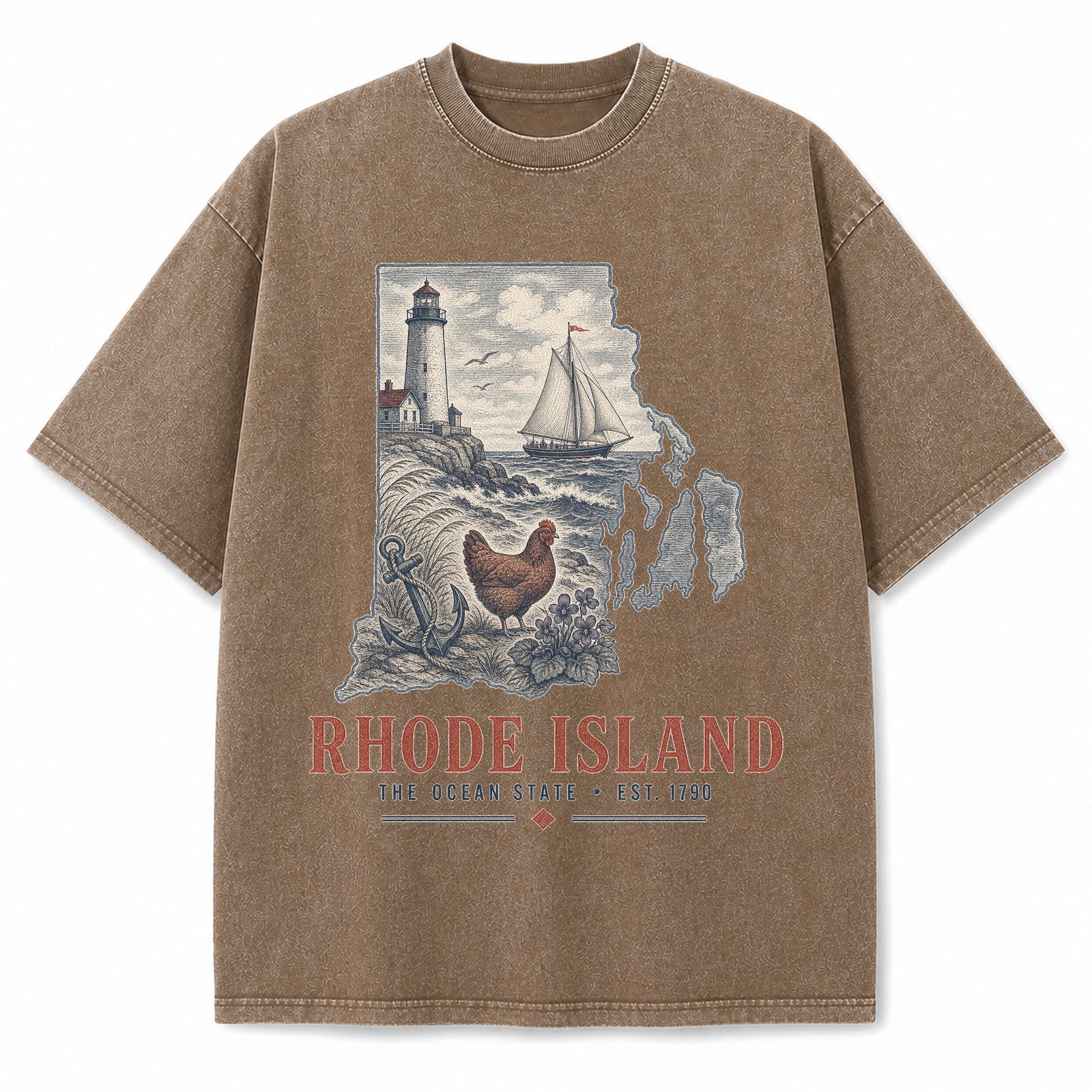 Vintage Washed Rhode Island Coastal Graphic Tee in Brown, front view on a white background
