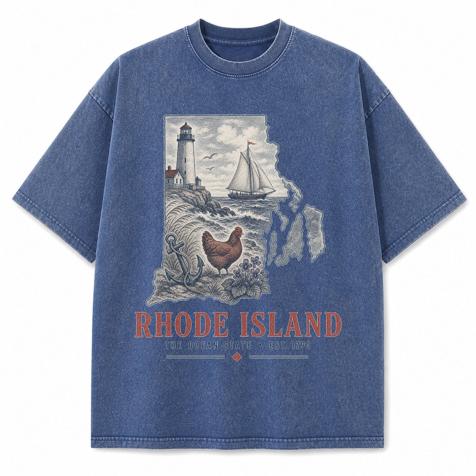 Vintage Washed Rhode Island Coastal Graphic Tee in Blue, front view on a white background