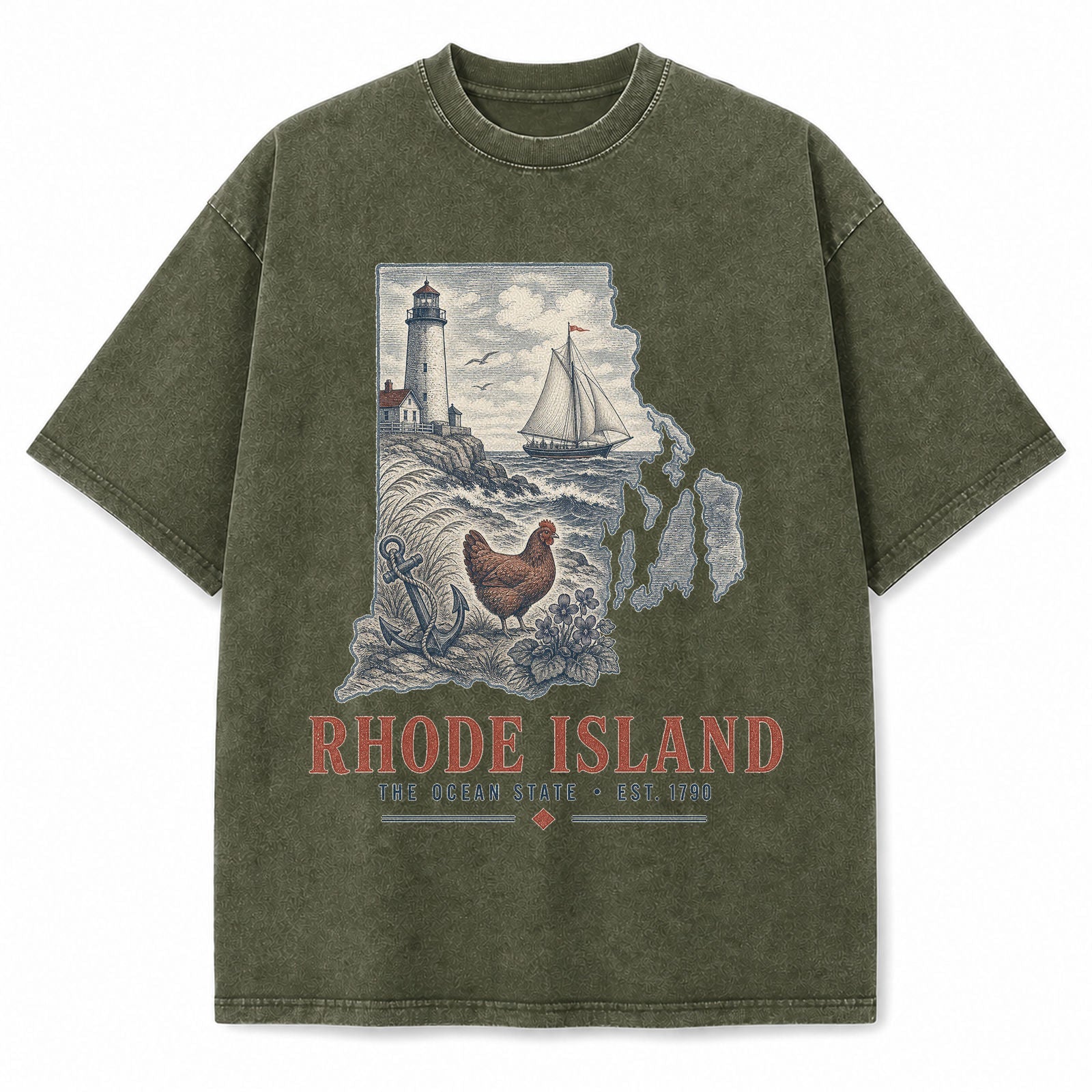 Vintage Washed Rhode Island Coastal Graphic Tee in Military Green, front view on a white background