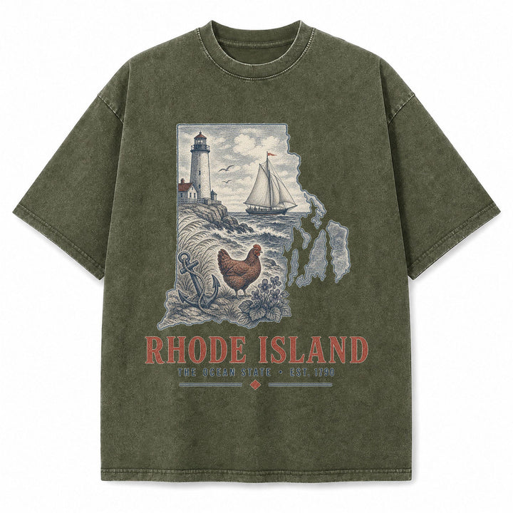 Vintage Washed Rhode Island Coastal Graphic Tee in Military Green, front view on a white background